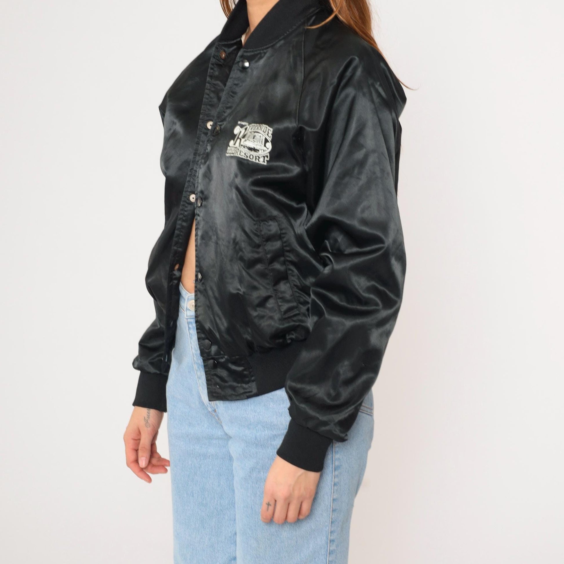 90s Riverside Resort Laughlin Nevada Satin Bomber Jacket Black Snap Small