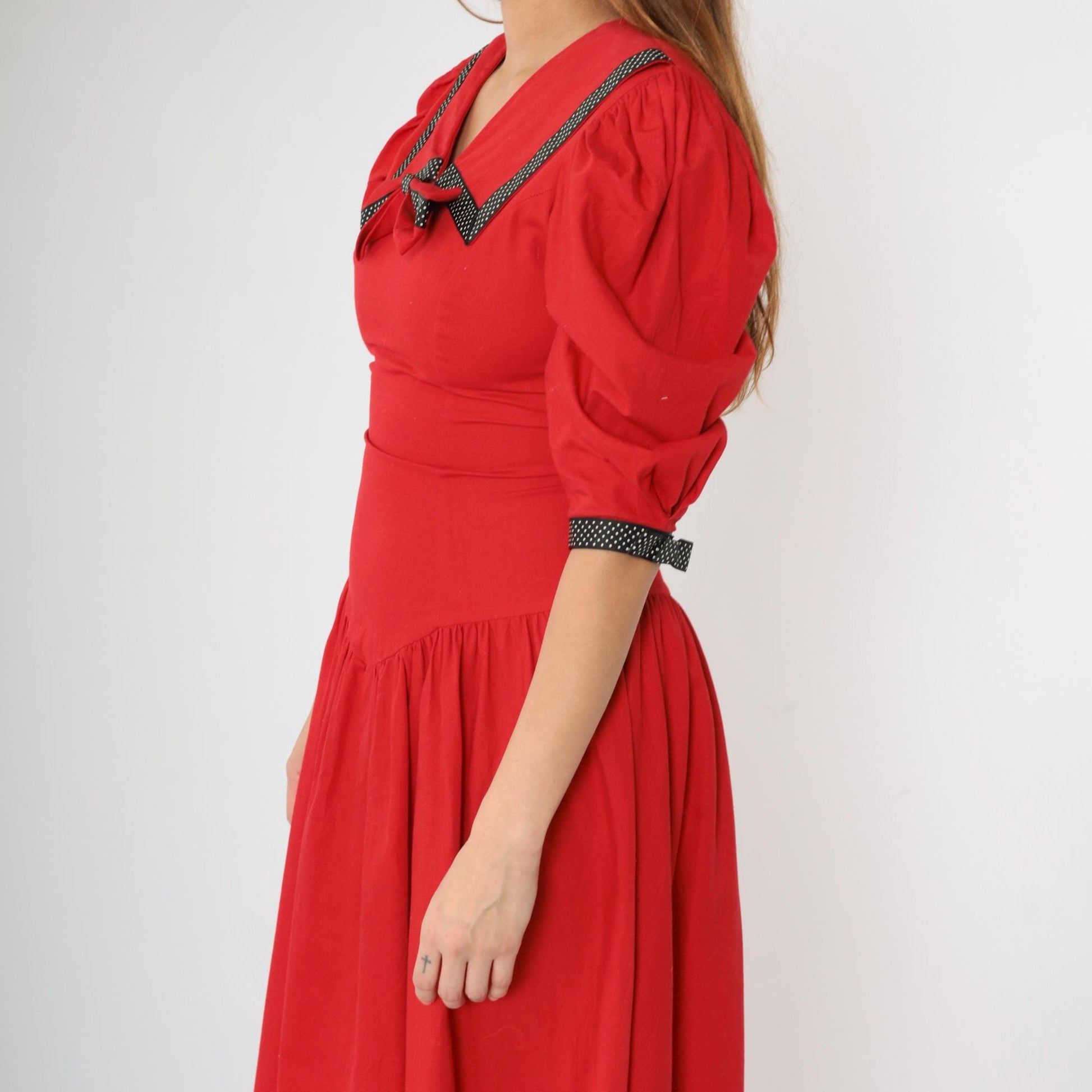 80s Red Nautical Sailor Collar Puff Sleeve Midi Dress Polka Dot Bow Small
