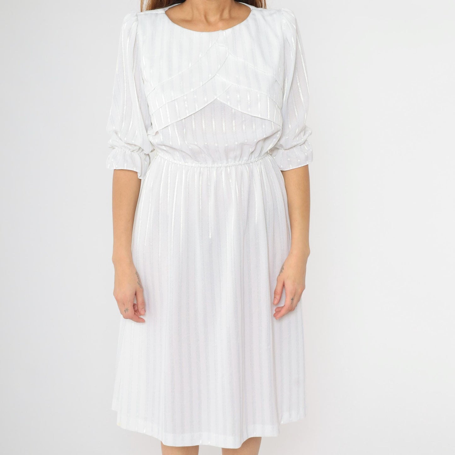 80s White Striped Midi Dress Puff Sleeve High Waist Semi-Sheer Medium M