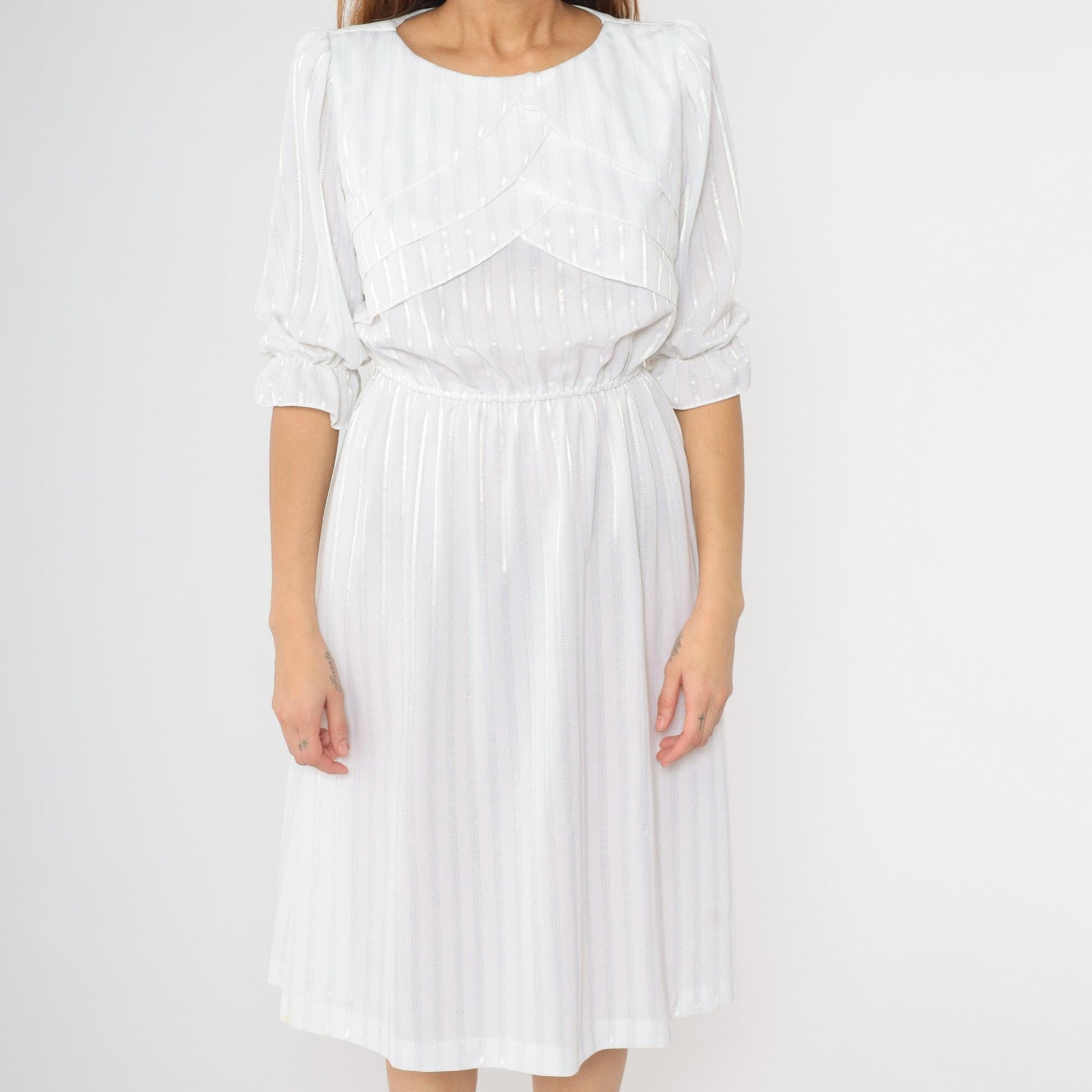80s White Striped Midi Dress Puff Sleeve High Waist Semi-Sheer Medium M