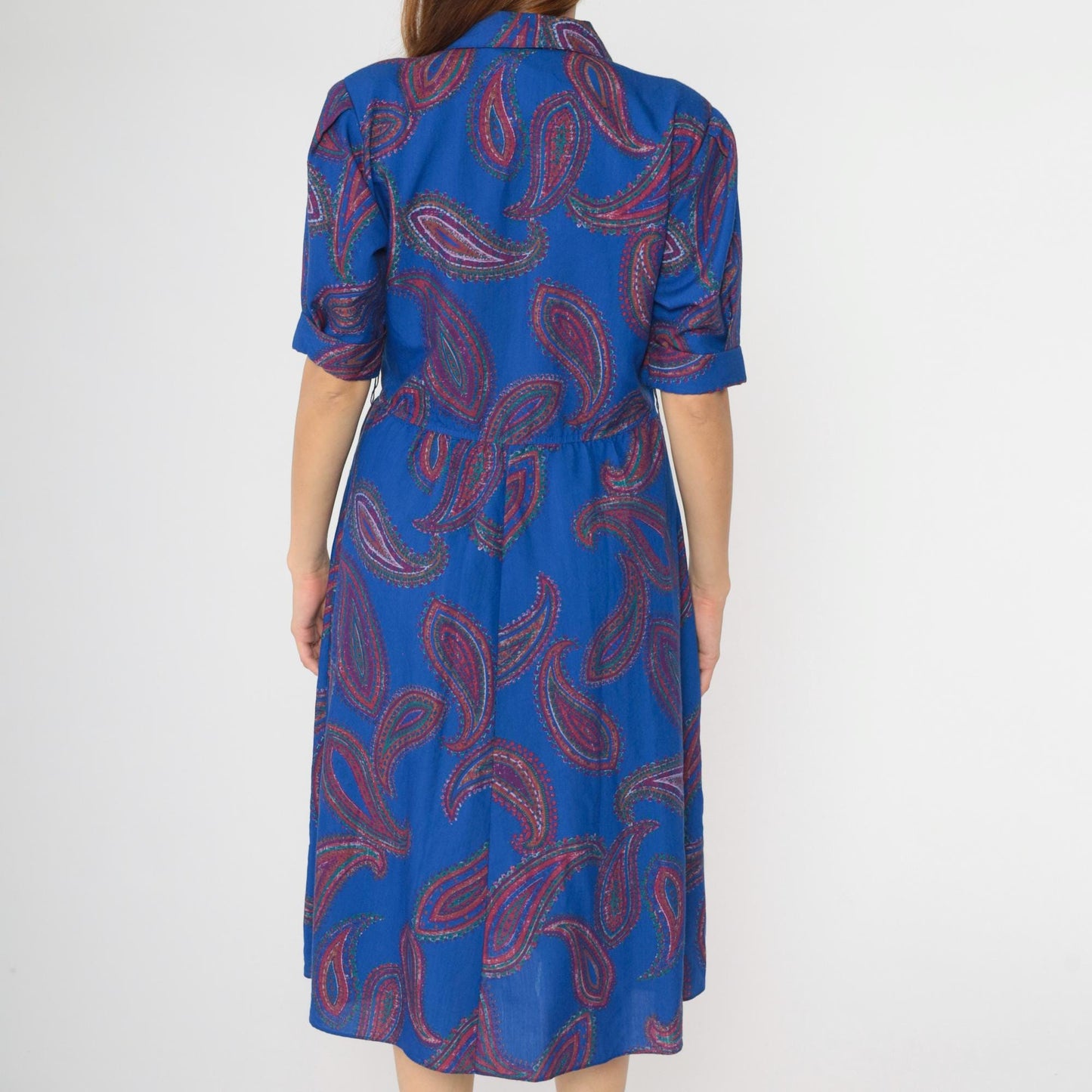 80s Paisley Midi Shirtdress Royal Blue High Waist Puff Sleeve Button Up Medium