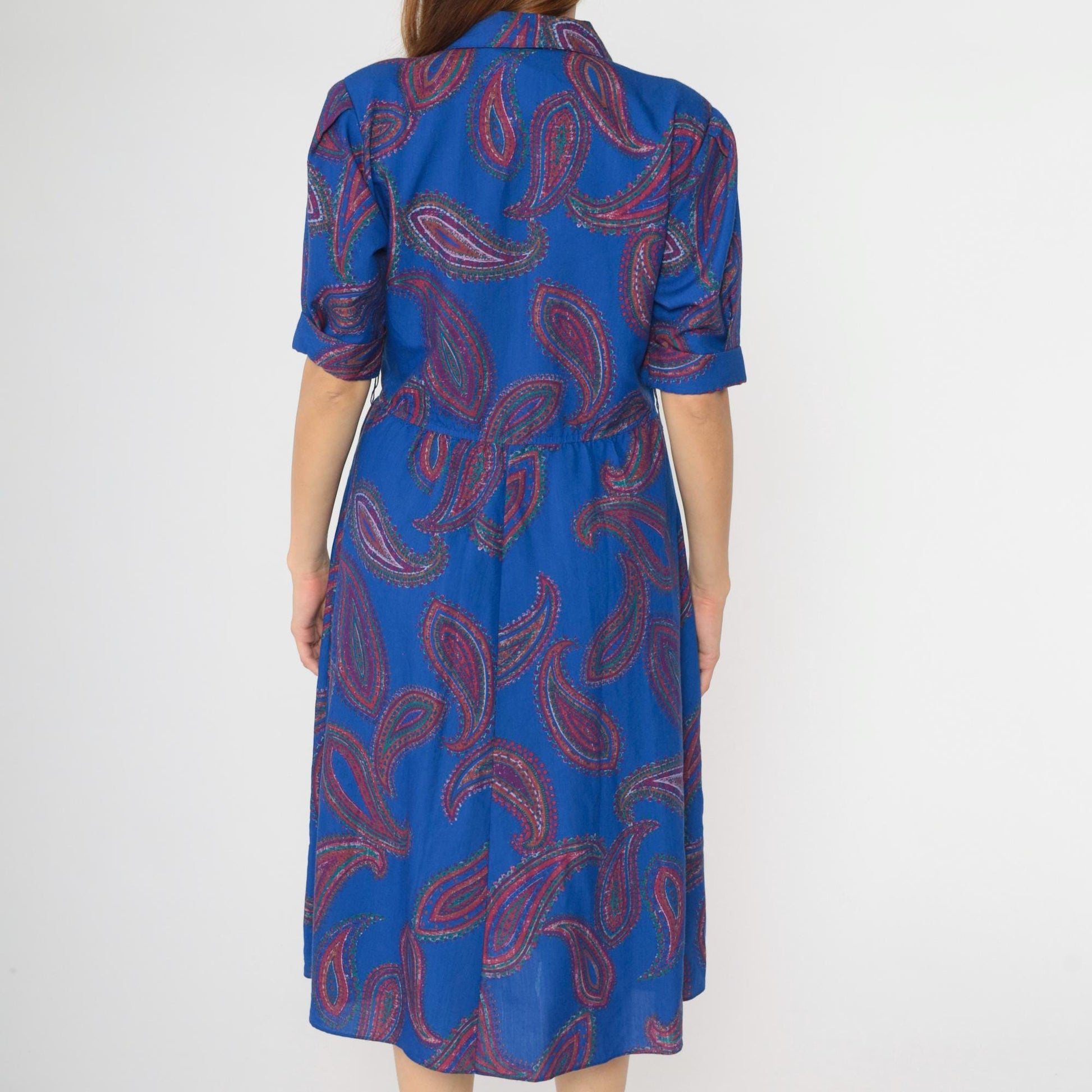 80s Paisley Midi Shirtdress Royal Blue High Waist Puff Sleeve Button Up Medium