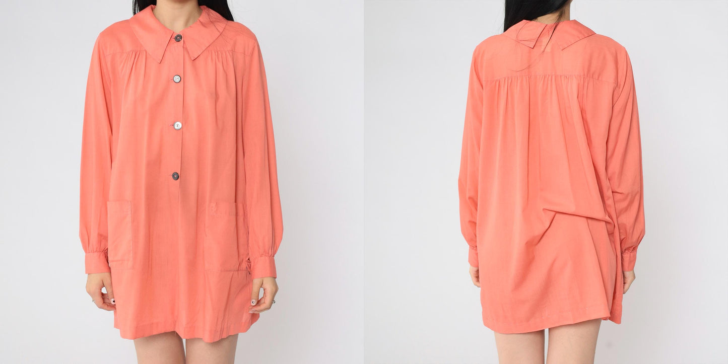 80s Coral Pink Smock Dress Peter Pan Collar Button-Up Shirtdress Small