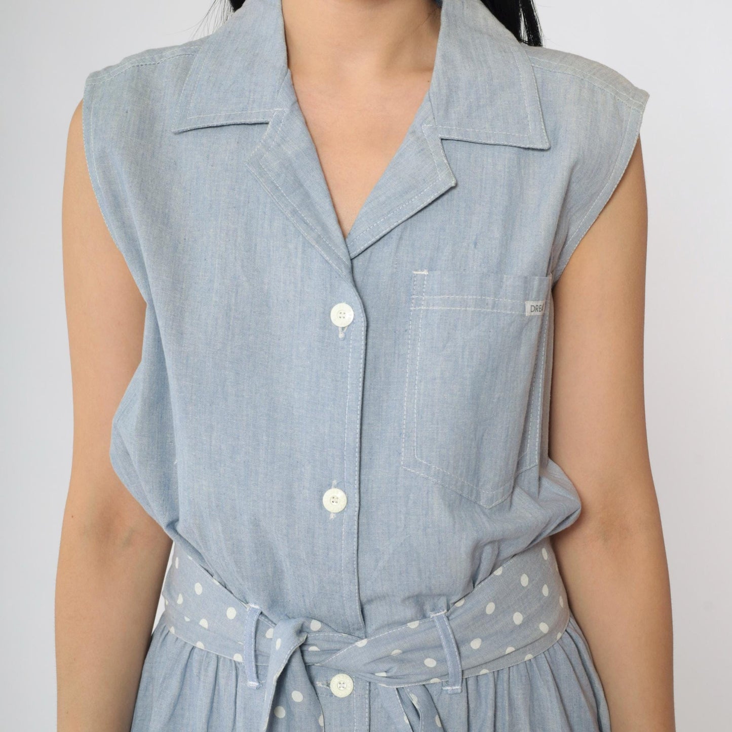 80s Blue Chambray Sleeveless Shirt Dress Polka Dot Sash Pockets Medium