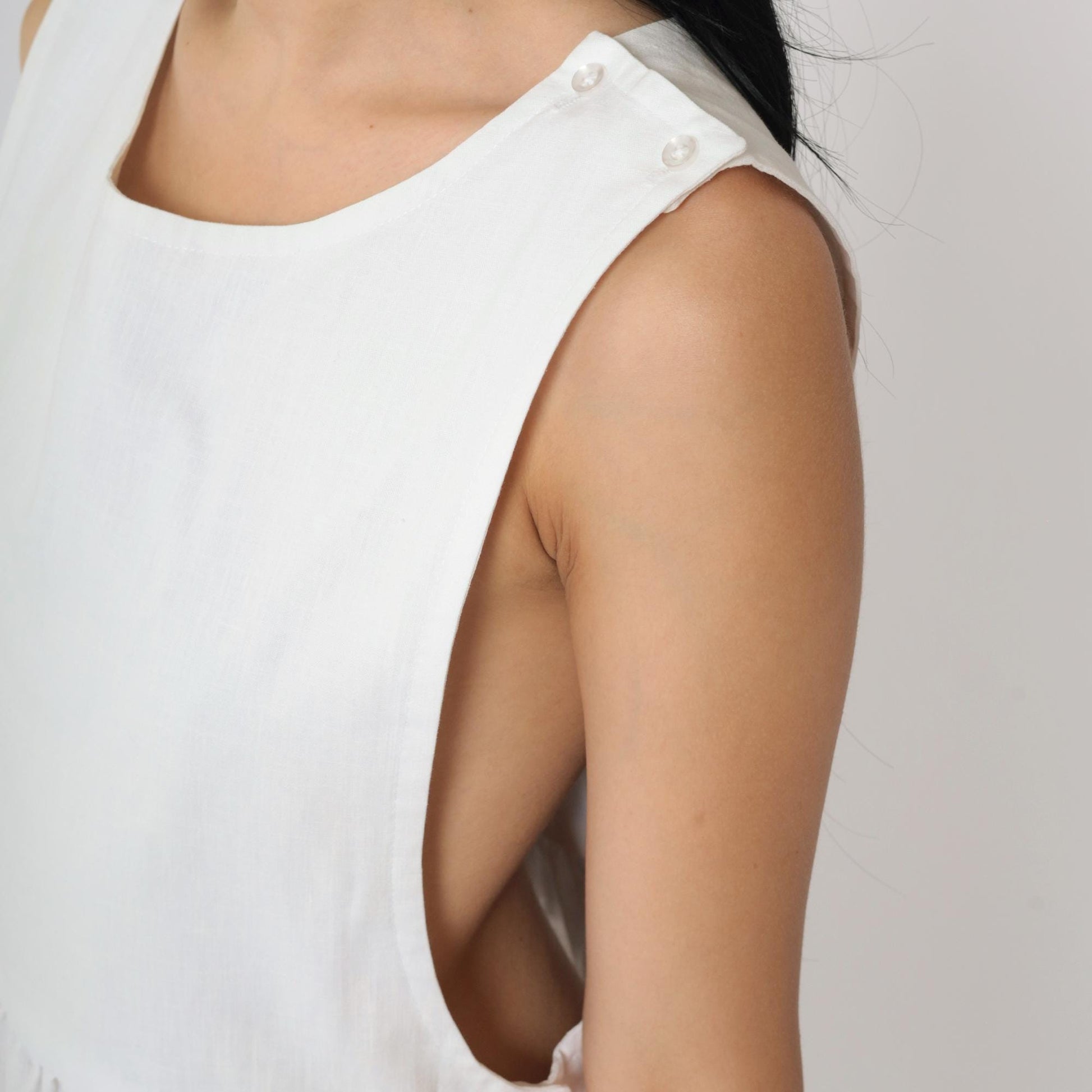 80s White Pinafore Midi Dress High Waist Low Armhole Sleeveless Medium