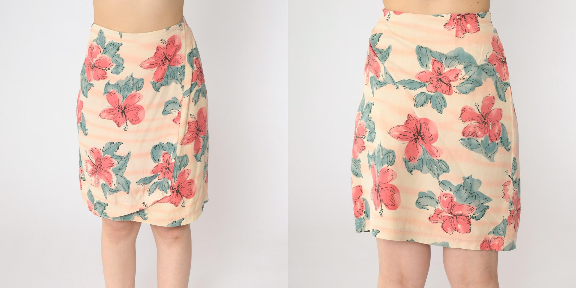Y2K Silk Floral Mini Skirt Cream Coral Flower Print High Waisted Medium