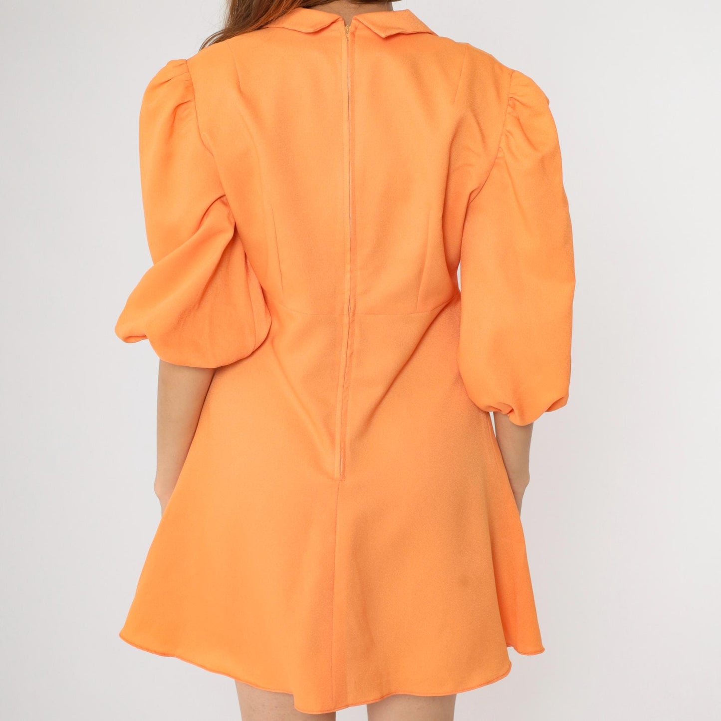 1970s Orange Puff Sleeve Babydoll Mini Dress Empire Waist Large L
