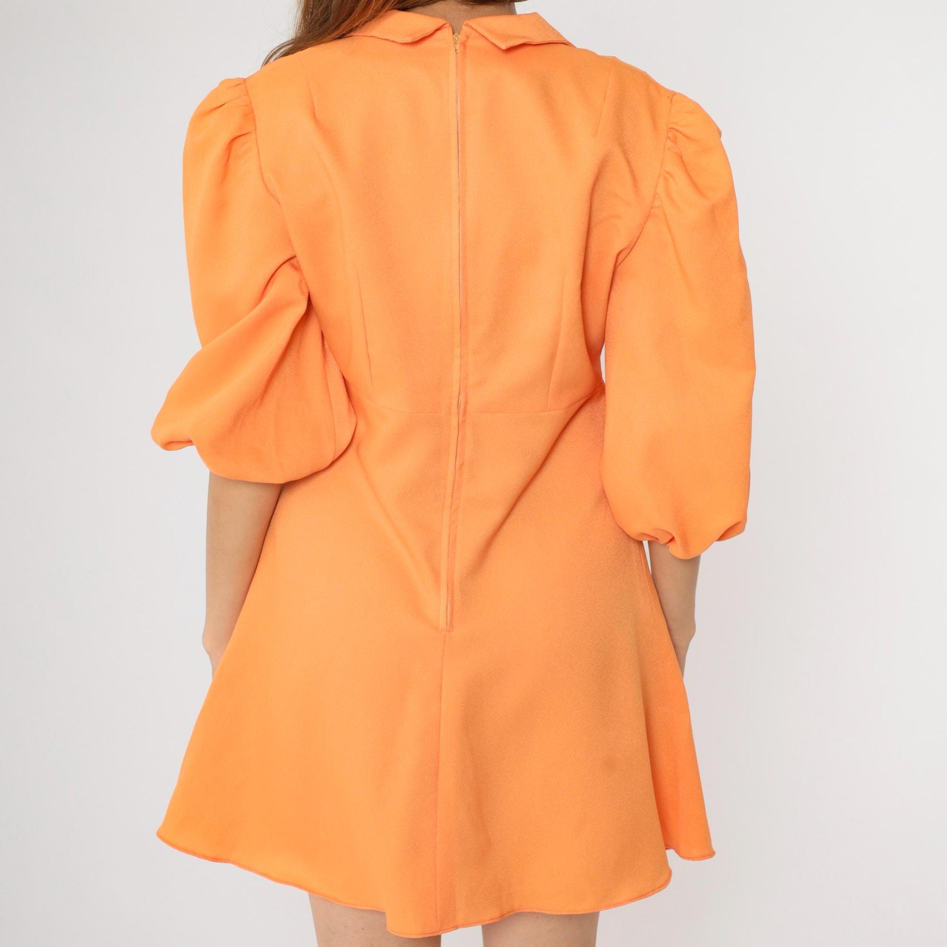 1970s Orange Puff Sleeve Babydoll Mini Dress Empire Waist Large L