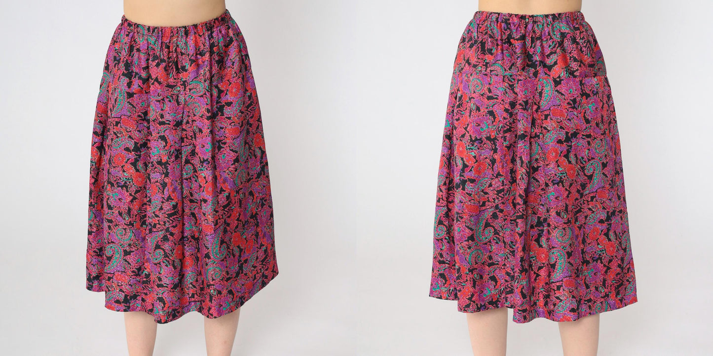 80s Paisley Floral Jacquard A-Line Midi Skirt Red Purple Elastic Waist Small Medium