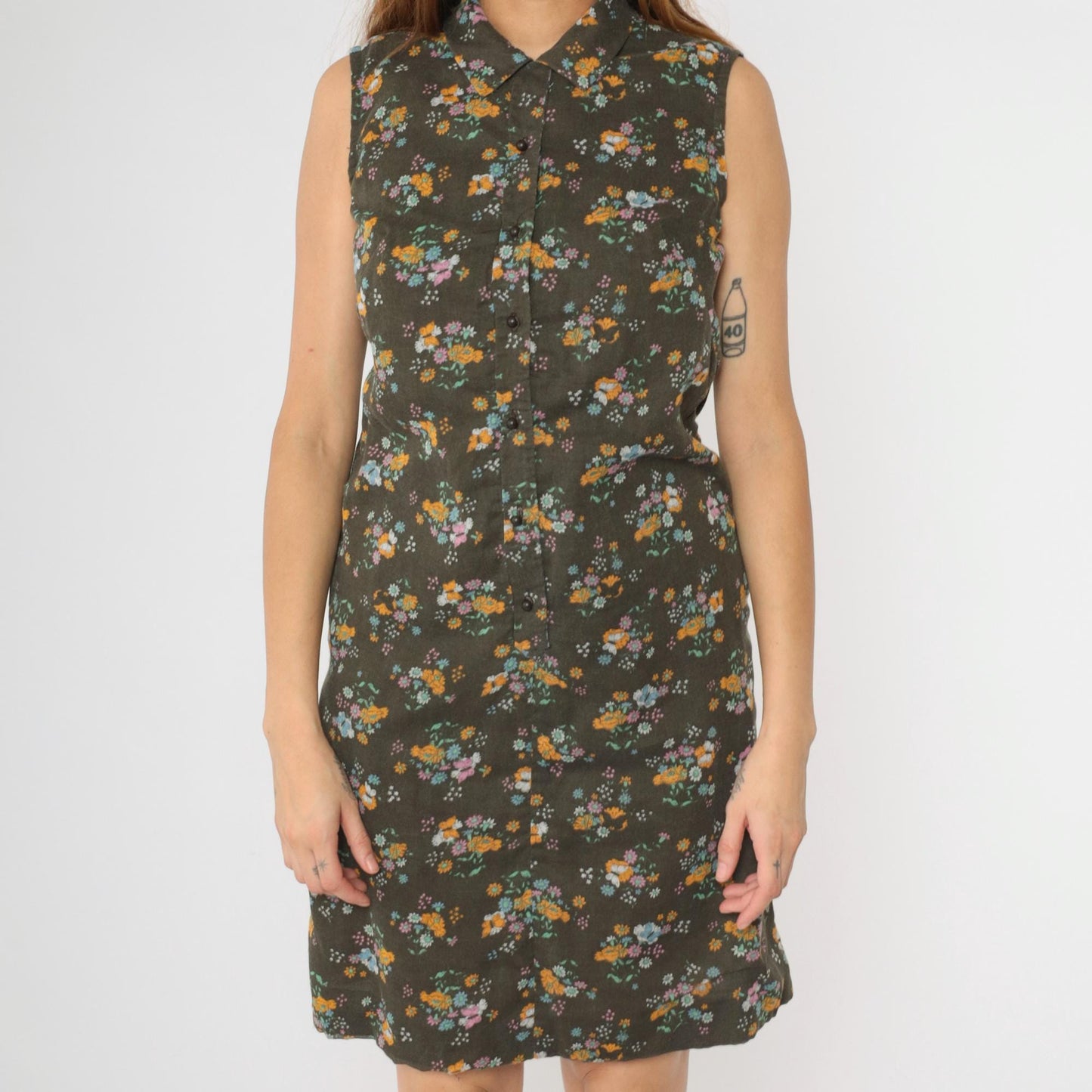 1960s Brown Floral Butterfly Shift Dress Sleeveless Button-Up Small