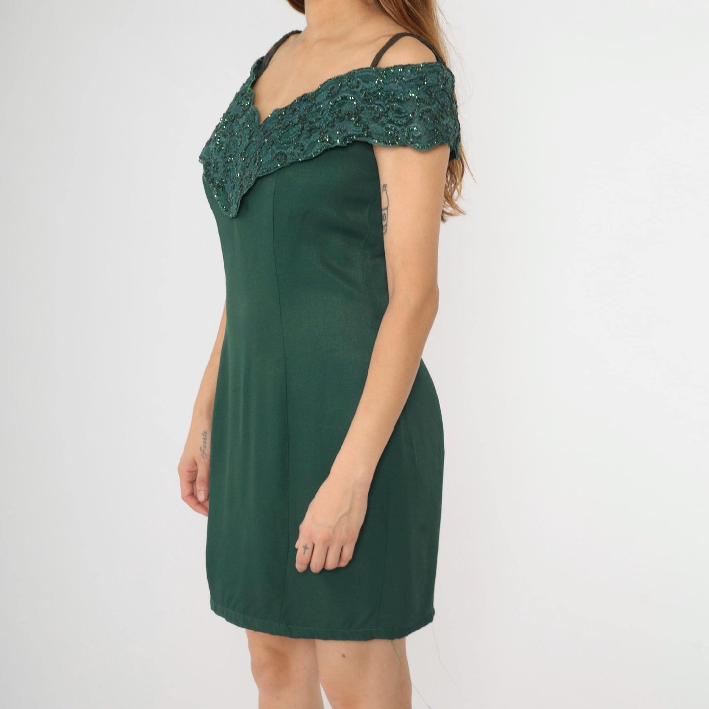 80s Niki Originals Off-Shoulder Party Dress Deep Green Lace Glitter Medium