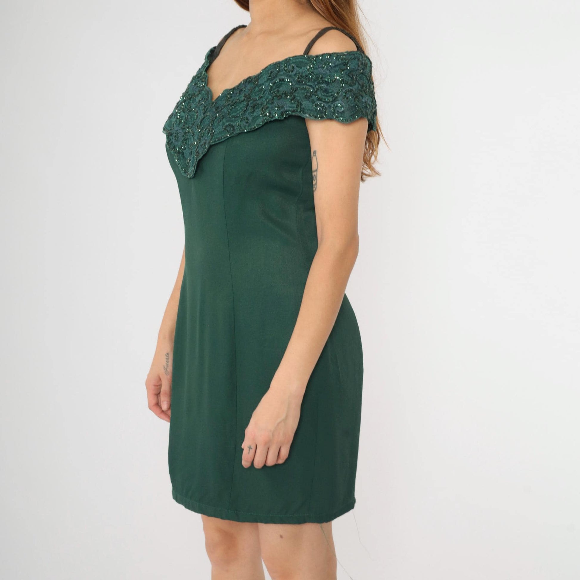 80s Niki Originals Off-Shoulder Party Dress Deep Green Lace Glitter Medium
