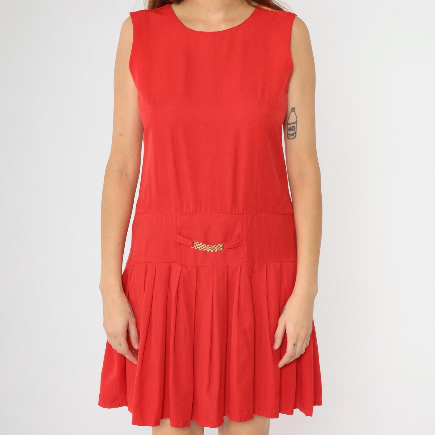 90s Red Mod Shift Dress Drop Waist Pleated Gold Accent Small S