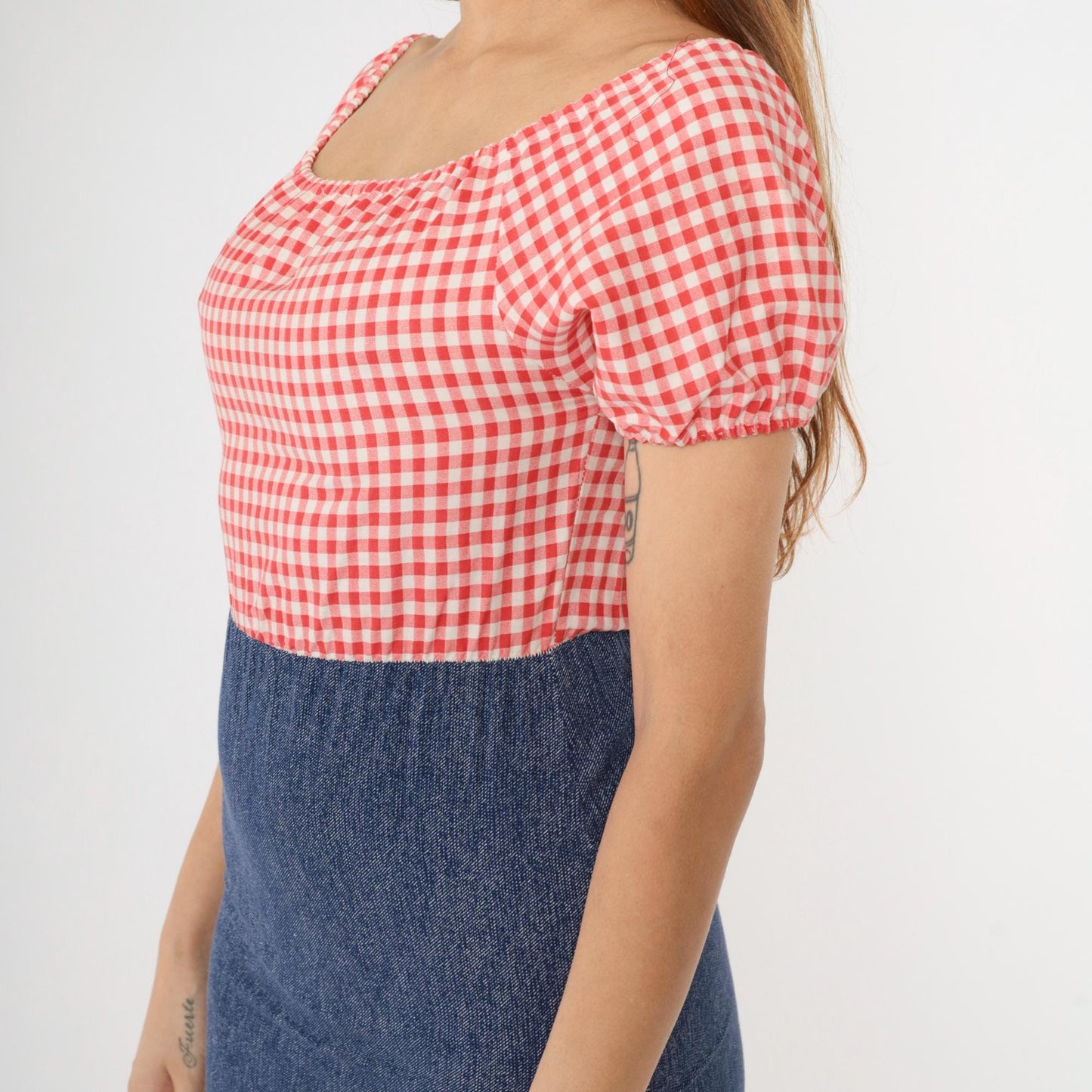 70s Red Gingham Peasant Dress Puff Sleeve Mini Chambray Skirt 2XS