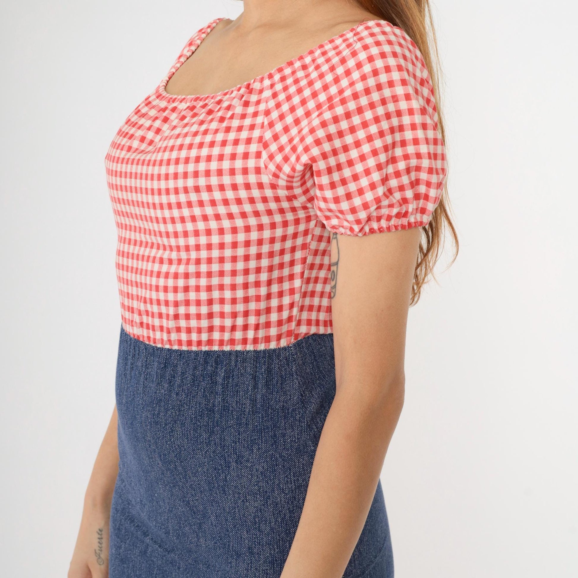 70s Red Gingham Peasant Dress Puff Sleeve Mini Chambray Skirt 2XS