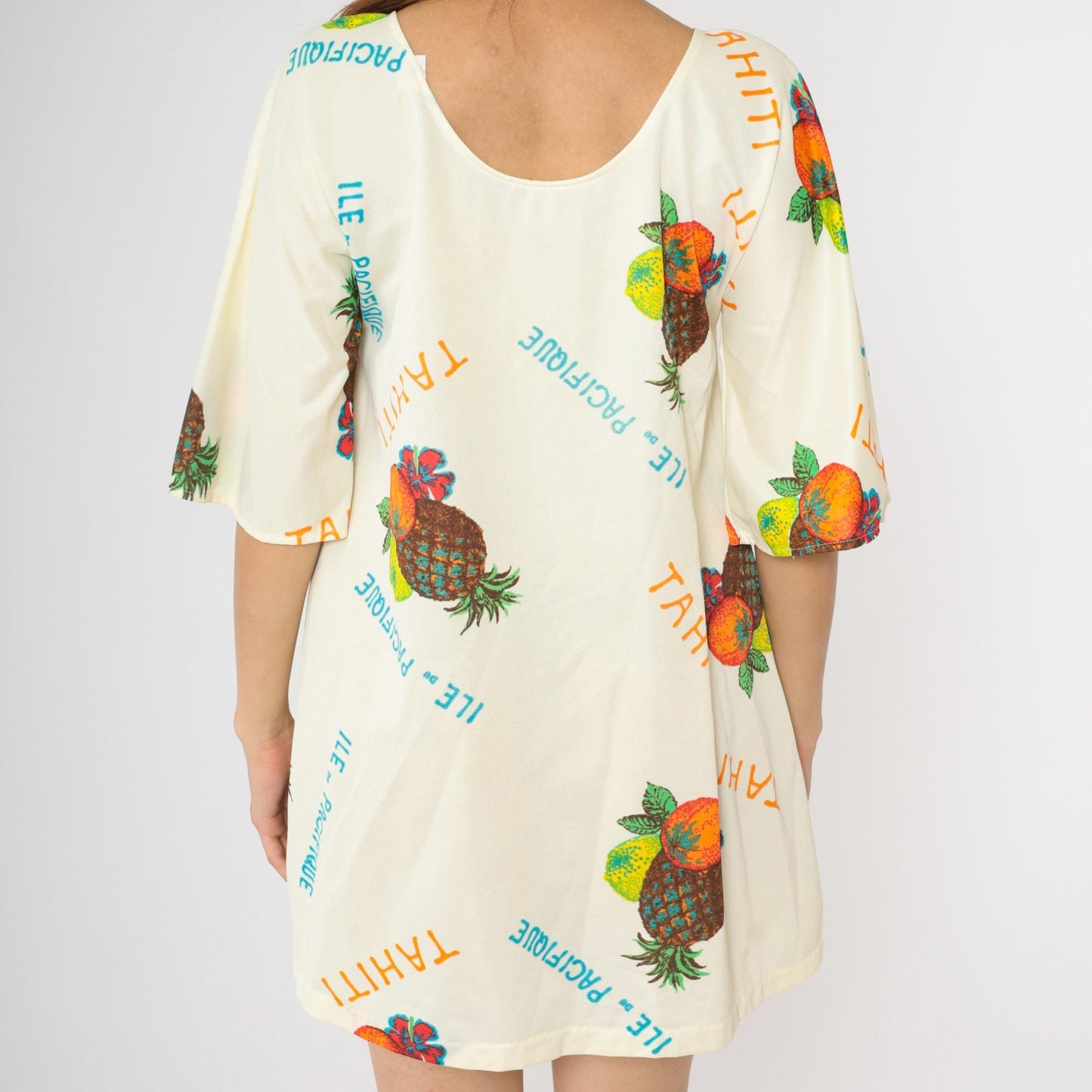 70s Zenith Loungewear Tropical Print Shift Dress Cream Bell Sleeve Medium M