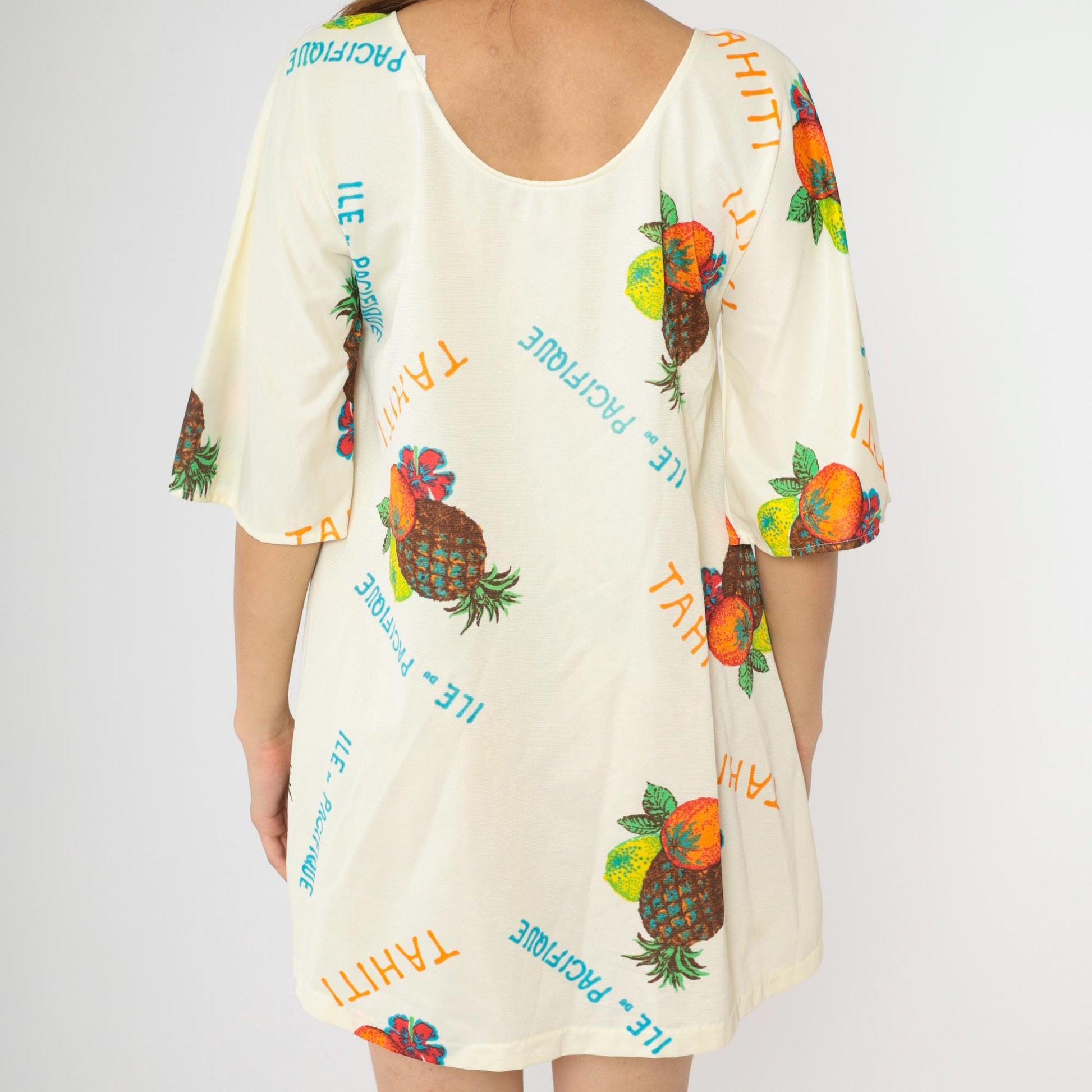 70s Zenith Loungewear Tropical Print Shift Dress Cream Bell Sleeve Medium M