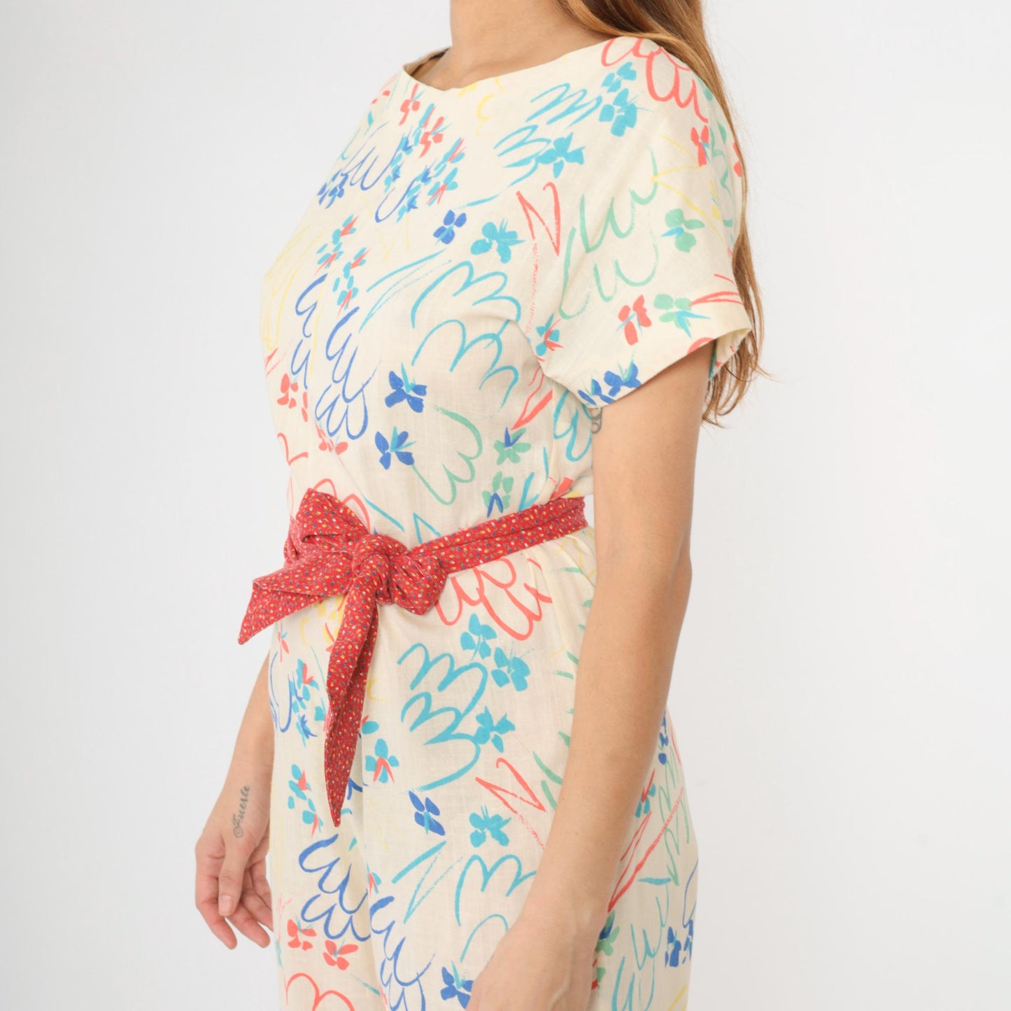 70s Floral Wide Leg Jumpsuit Off-White Short Sleeve Zip Back Small Medium