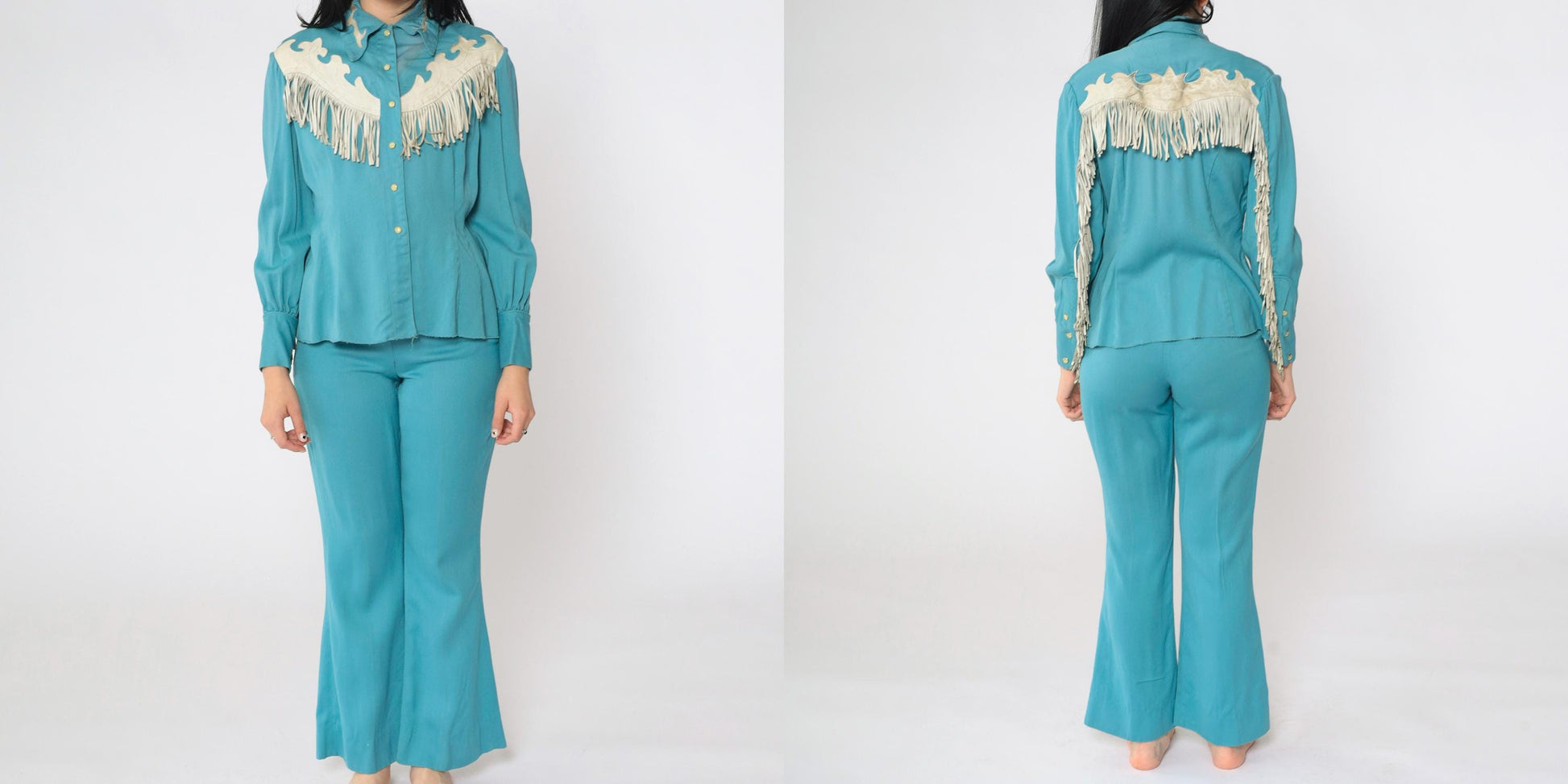 1950s Hillbilly Westerns Turquoise Leather Fringe Two-Piece Set Extra Small