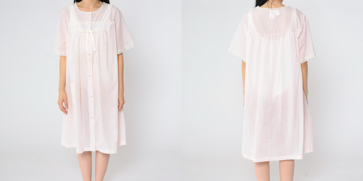 70s Shadowline Pink Robe Lace Floral Embroidered Button-Up Nightgown Large L