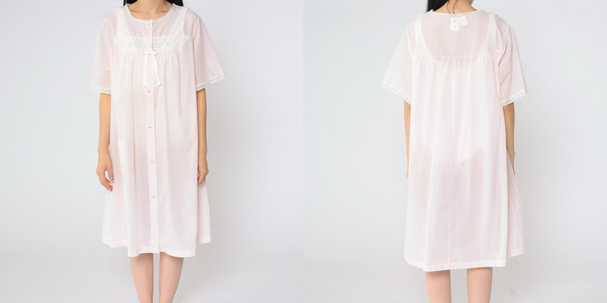 70s Shadowline Pink Robe Lace Floral Embroidered Button-Up Nightgown Large L