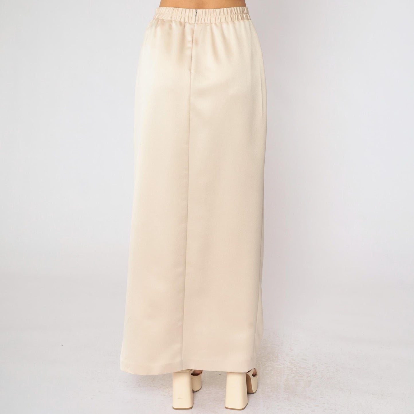 90s JR Nites Cream Satin Maxi Skirt High Front Slit Column Small