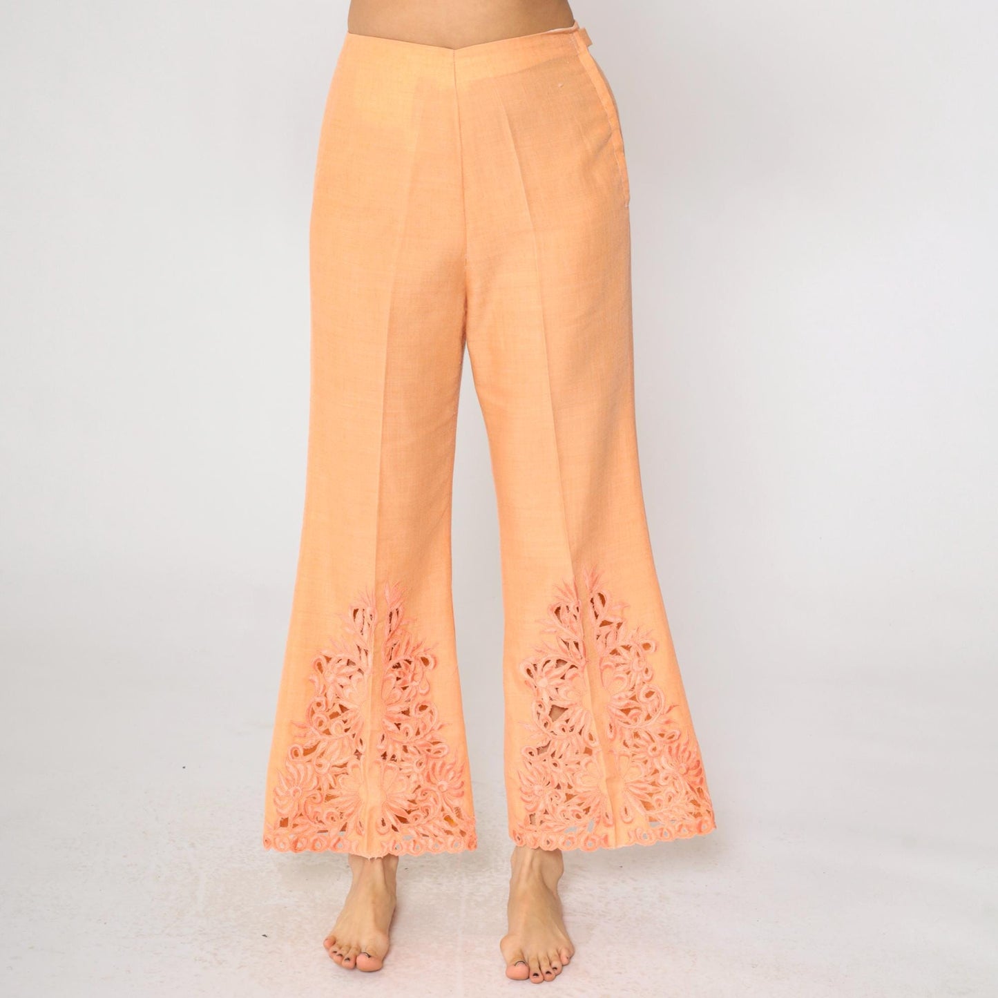 70s Orange Lace Cutwork Bell Bottom Pants High Rise Flared Small