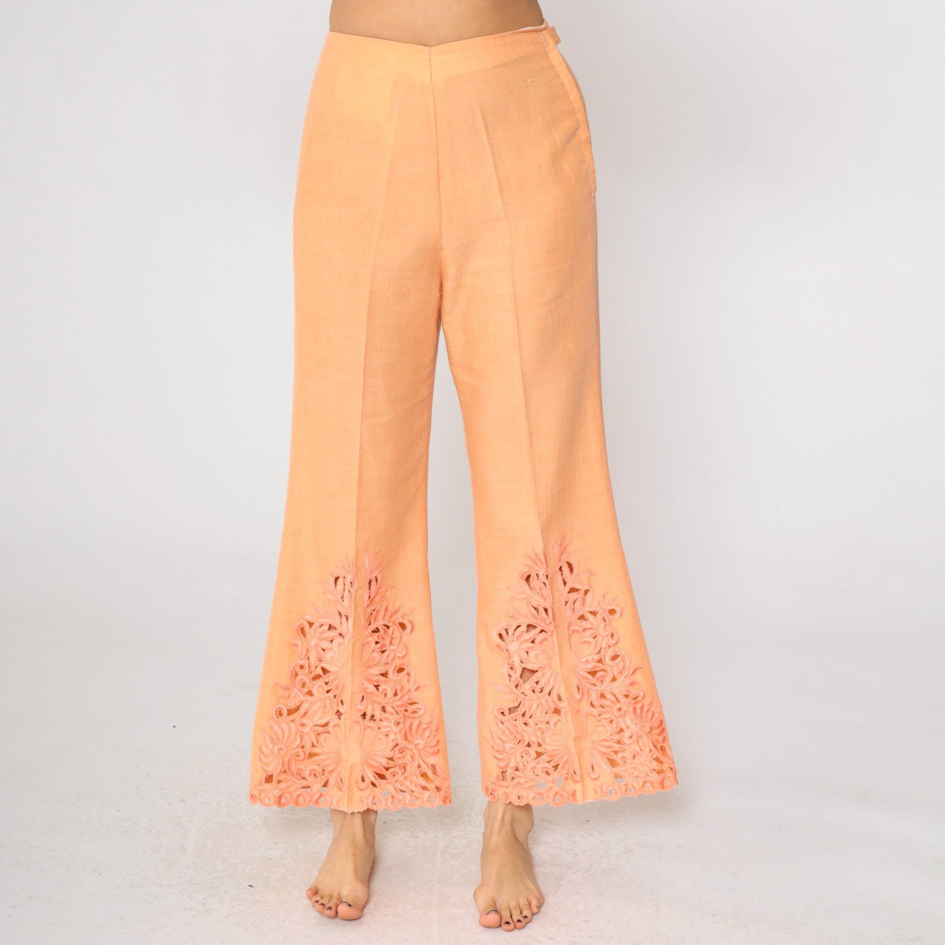 70s Orange Lace Cutwork Bell Bottom Pants High Rise Flared Small