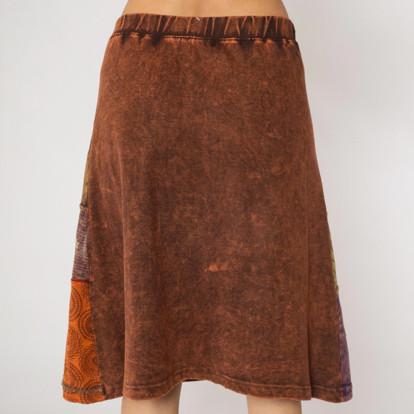 Y2K Patchwork Midi Skirt Brown Mushroom Floral Peace Sign Cotton Large L