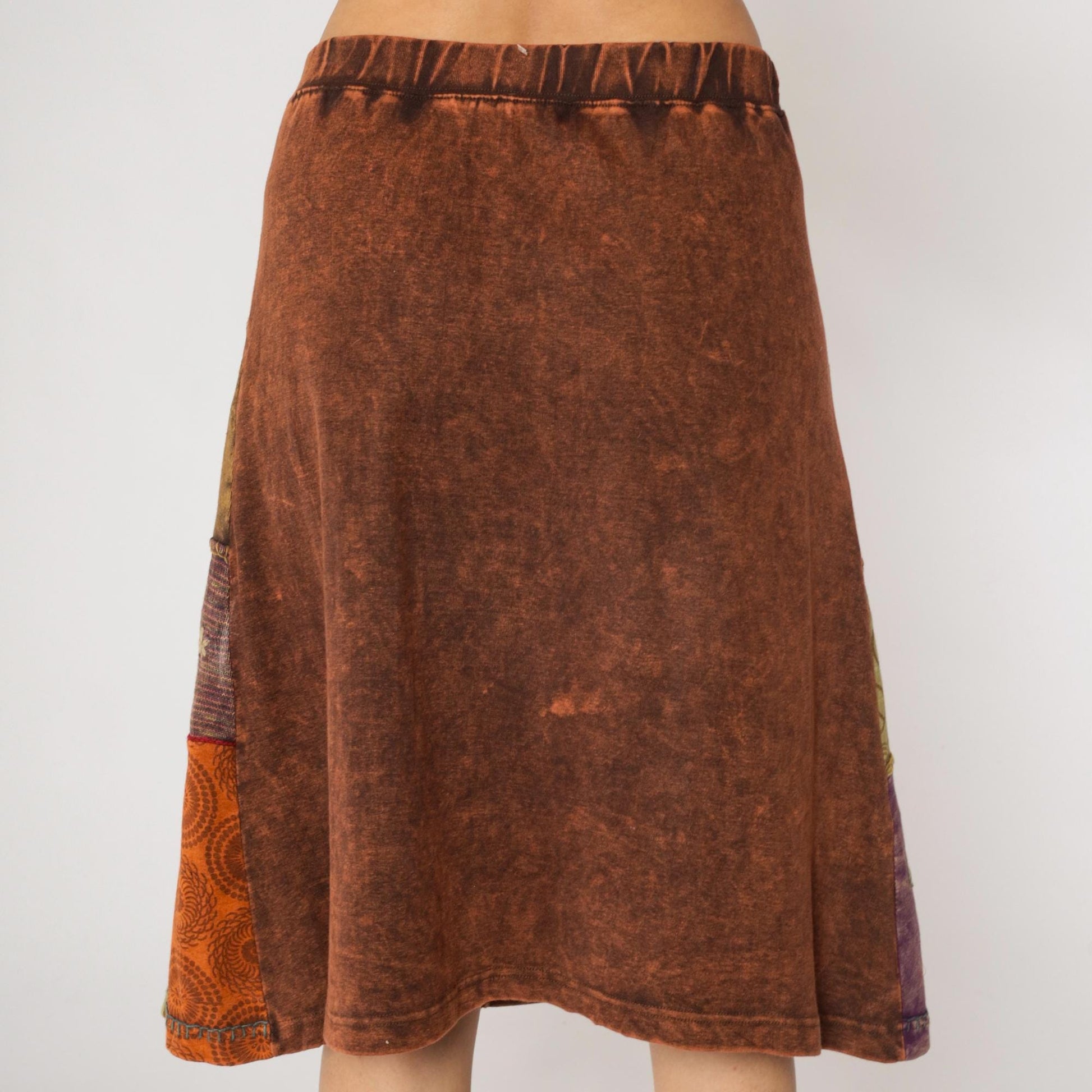 Y2K Patchwork Midi Skirt Brown Mushroom Floral Peace Sign Cotton Large L