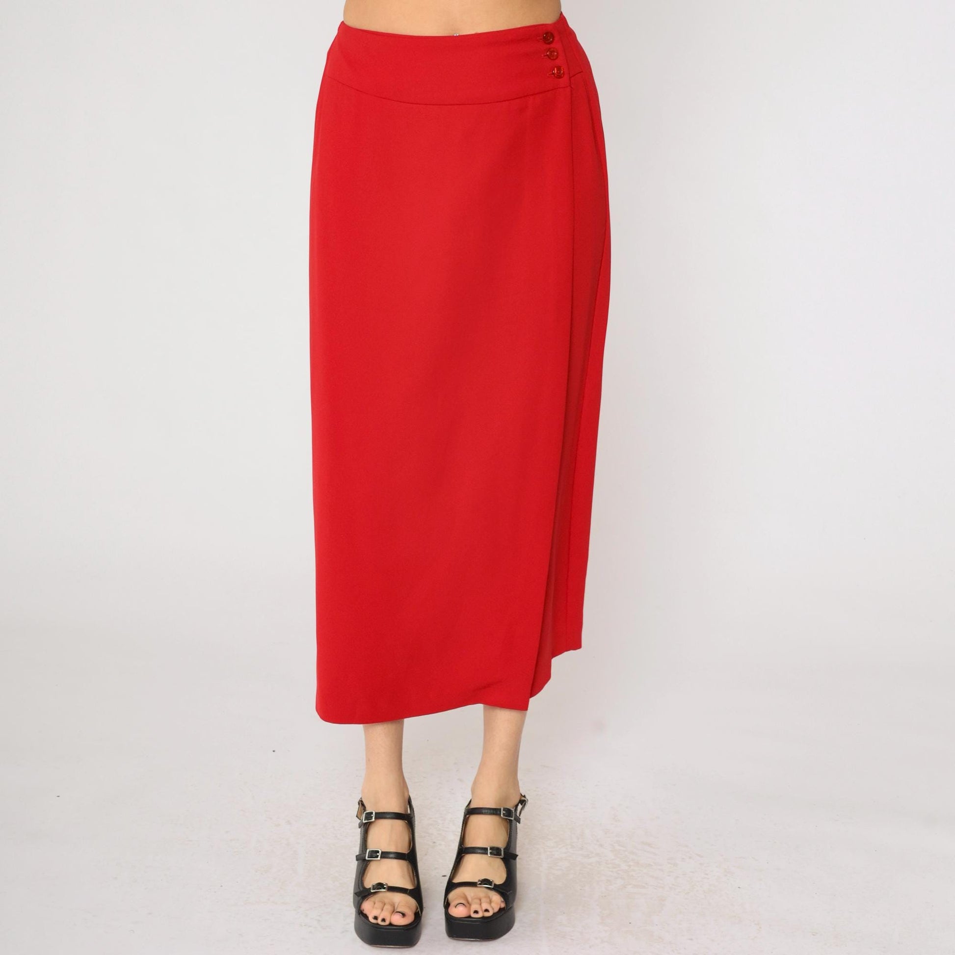 90s Red Faux Wrap Skirt High Waist Straight Midi Ankle Length Medium 8