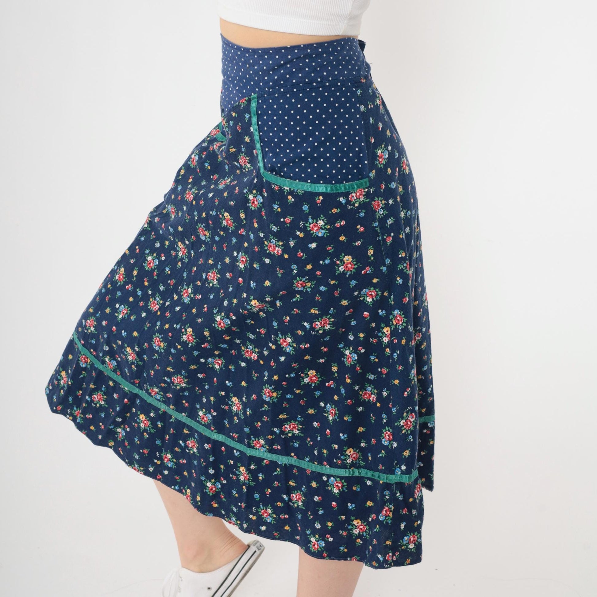 70s Gunne Sax Floral Midi Skirt Blue Polka Dot Calico Small