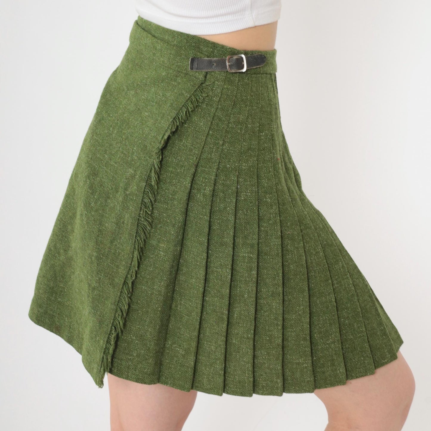 60s Wool Mini Skirt Olive Green Flecked High Waist Pleated XXS