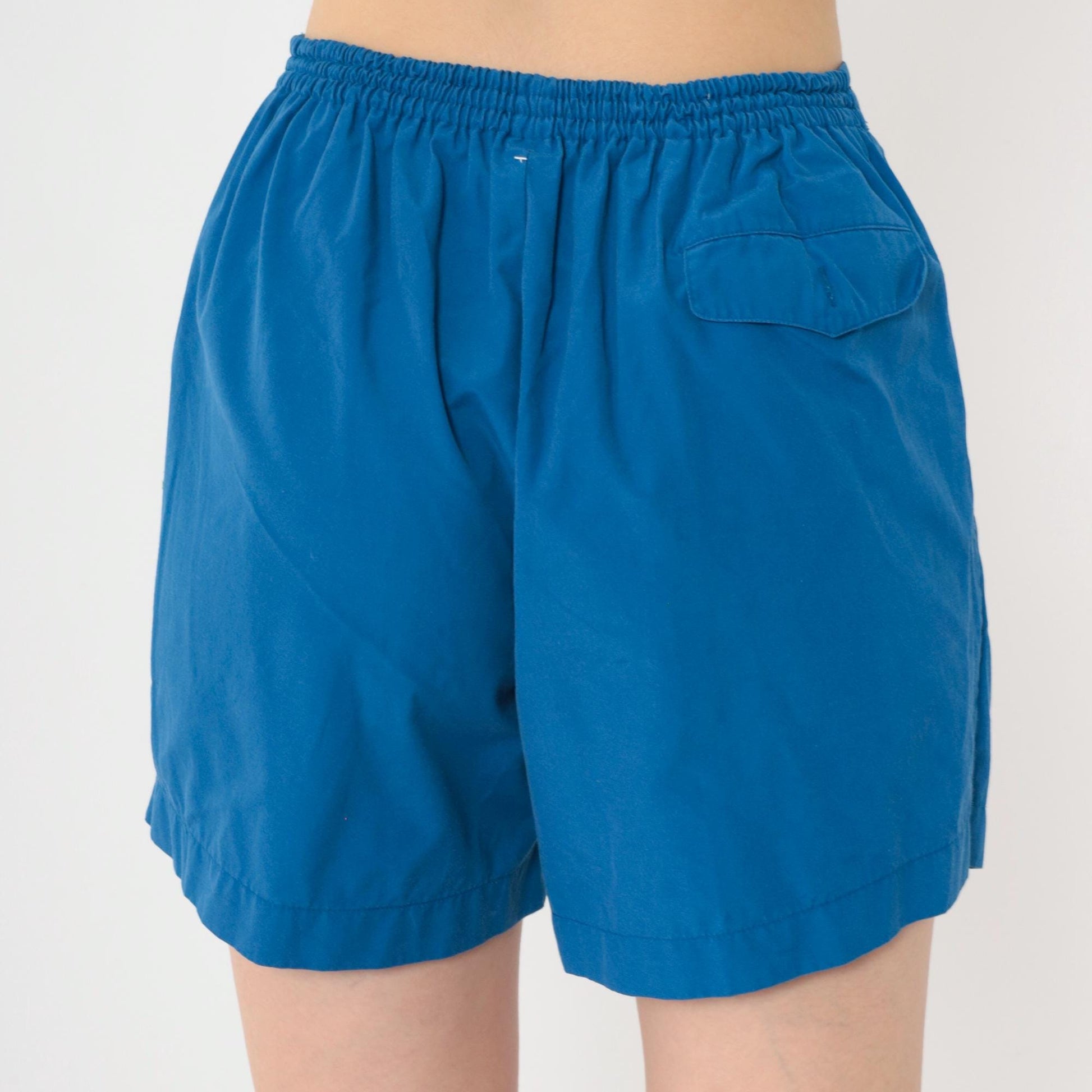 80s Blue Floral Embroidered High-Waist Shorts Pleated Elastic Waist Small