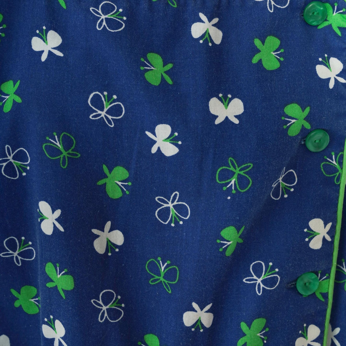 70s Butterfly Print Blue Midi Dress High Elastic Waist Sleeveless Large