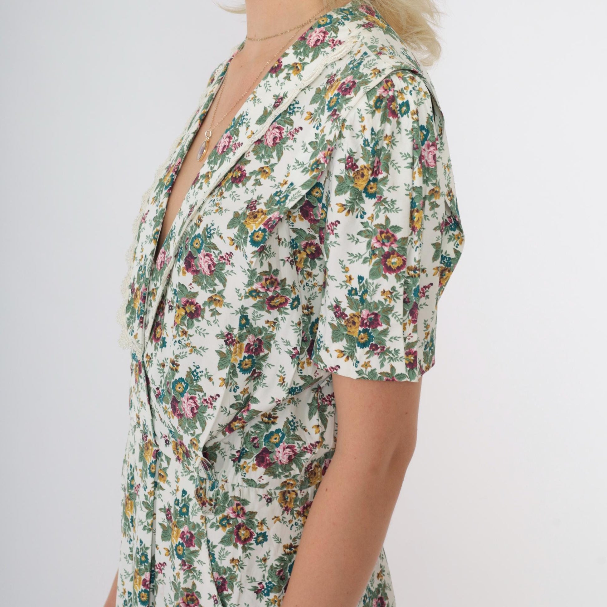 80s S.L. Petites Floral Midi Dress Deep V Puff Sleeve White Multicolor Small