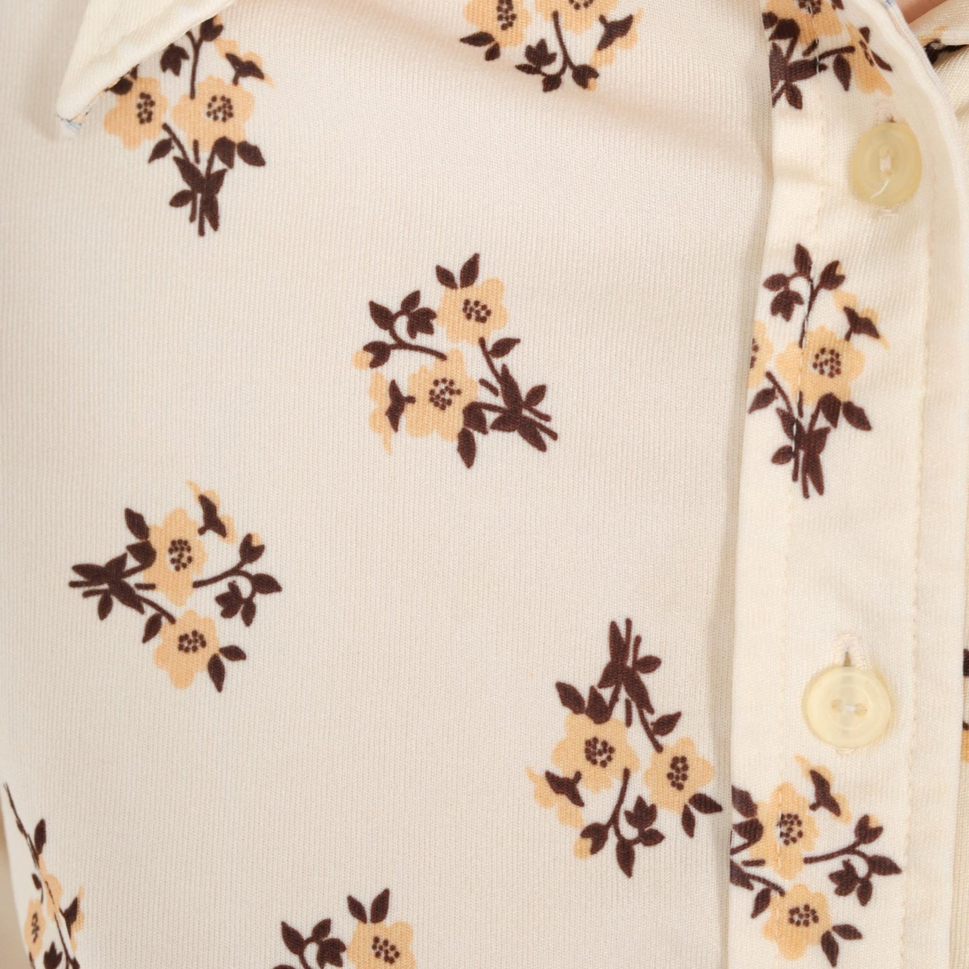 70s Floral Cream Button-Up Blouse Pointed Collar Long Sleeve Small