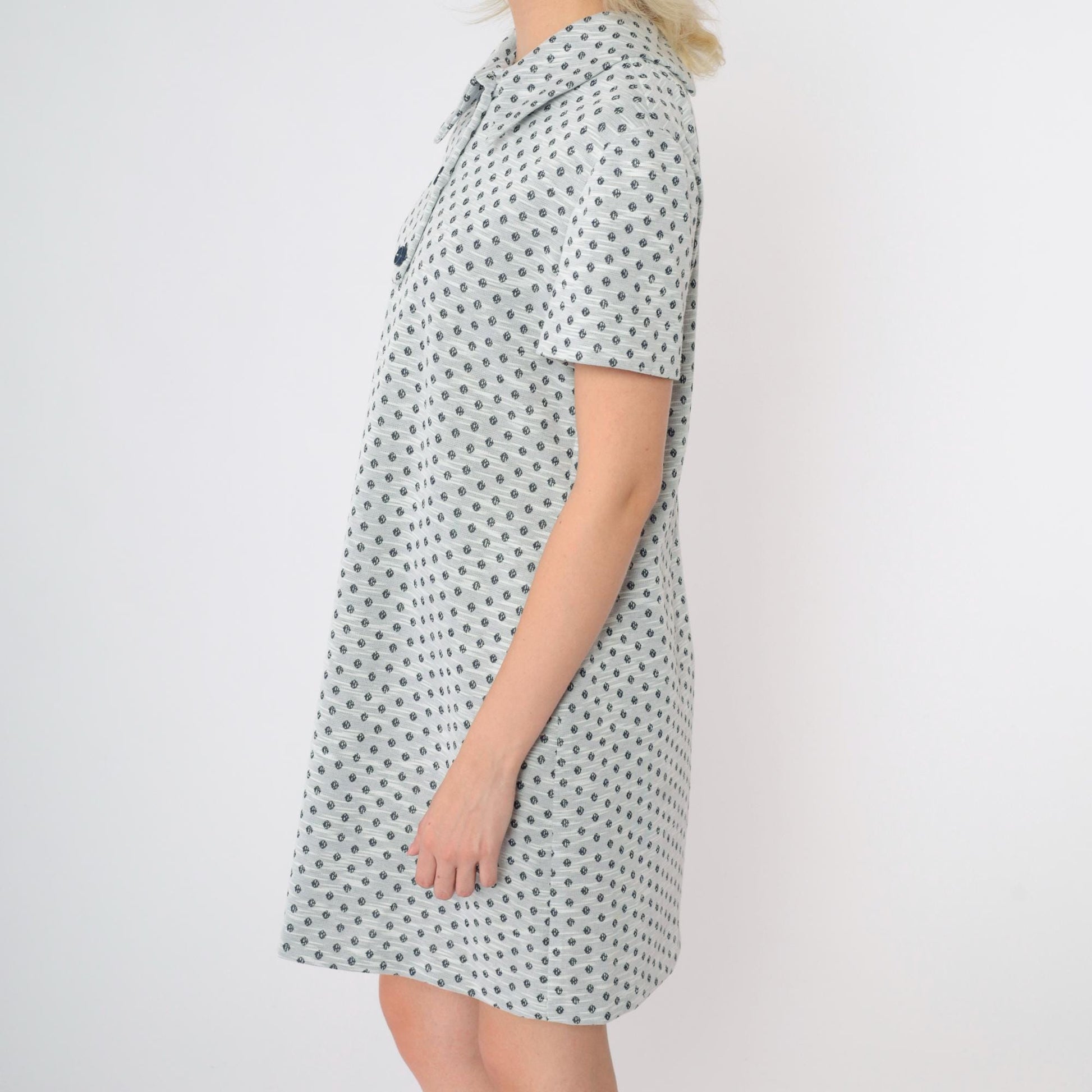 60s Mod Shift Dress Mini Geometric Dot Print Grey Button-Up Medium M