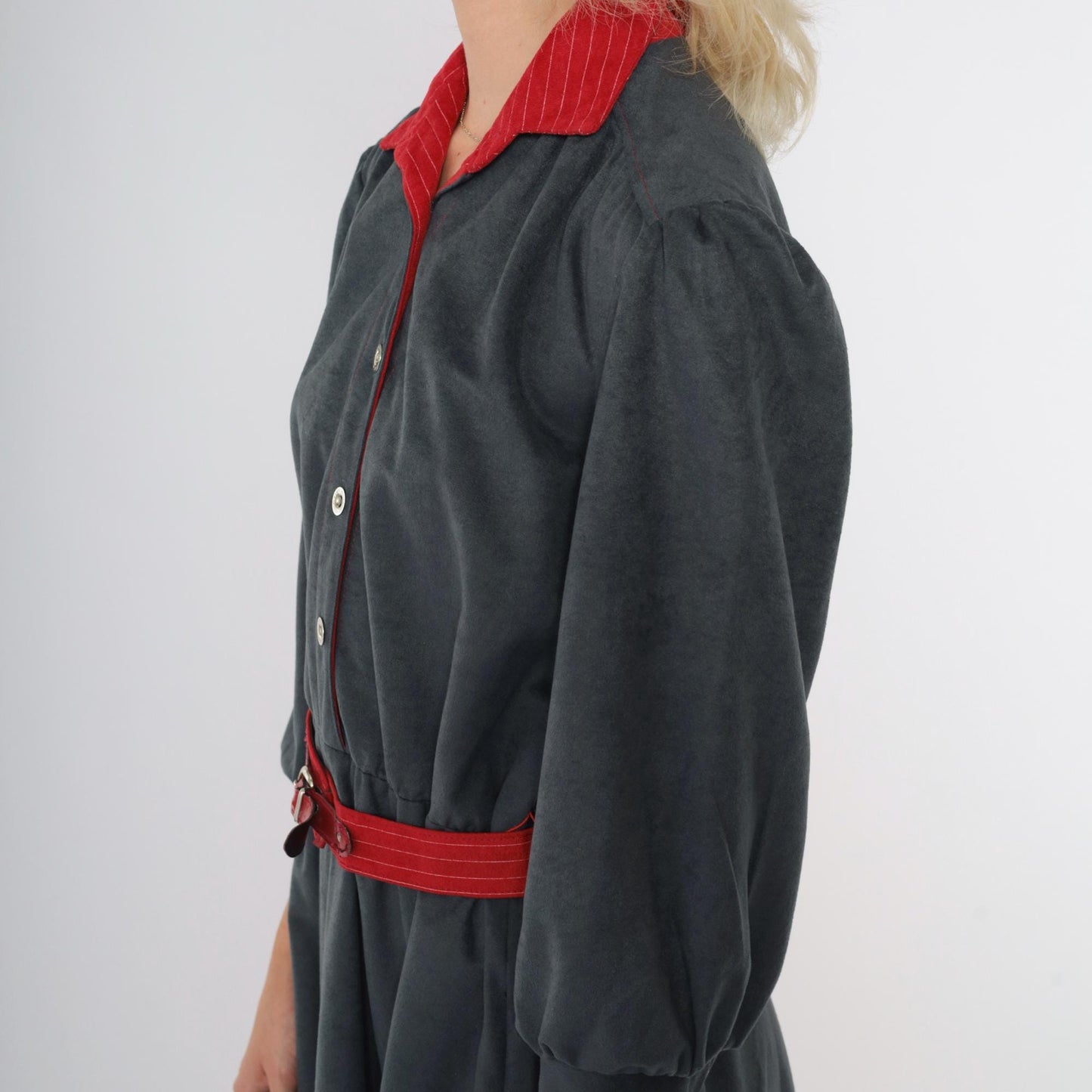 80s Velour Shirtdress Grey Red Contrast Puff Sleeve Midi Belted Medium