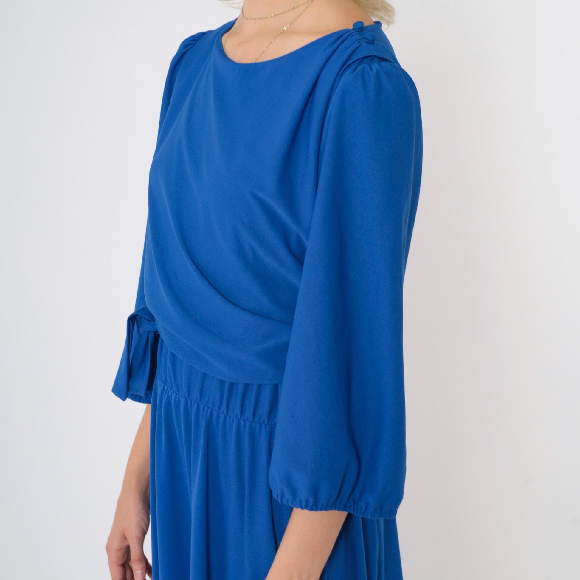 80s Royal Blue Midi Dress Puff Sleeve Wrap Panel Elastic Waist Large L
