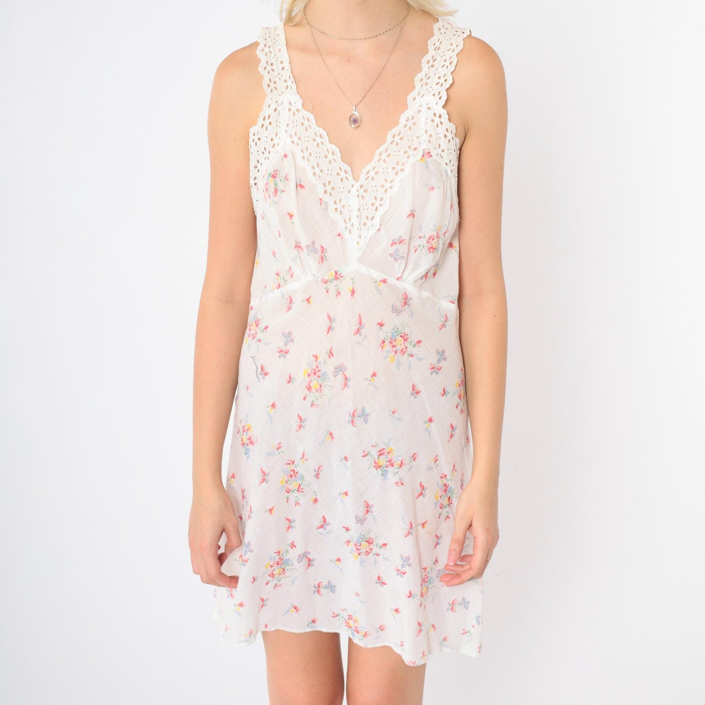 70s Floral Butterfly Slip Dress White Eyelet Lace Mini V-Neck Medium