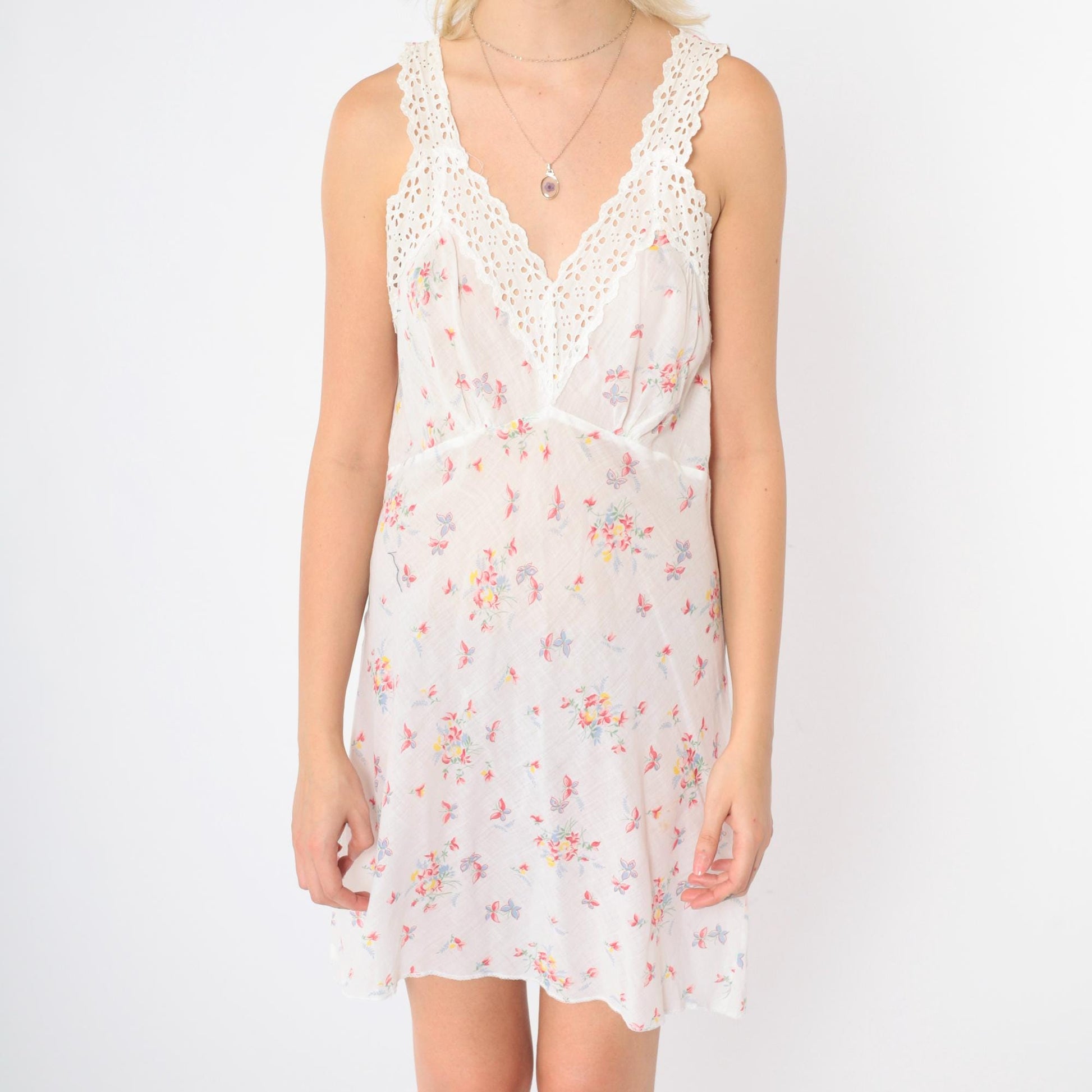 70s Floral Butterfly Slip Dress White Eyelet Lace Mini V-Neck Medium