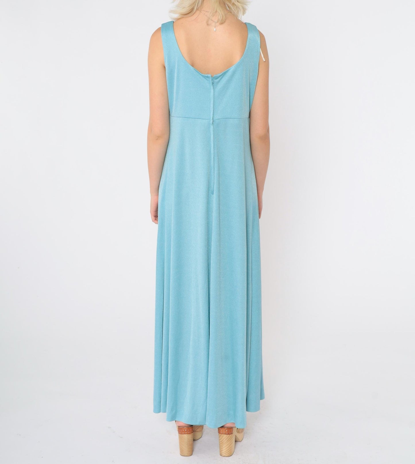 70s Blue Maxi Dress Empire Waist Scoop Neck Sleeveless Medium M