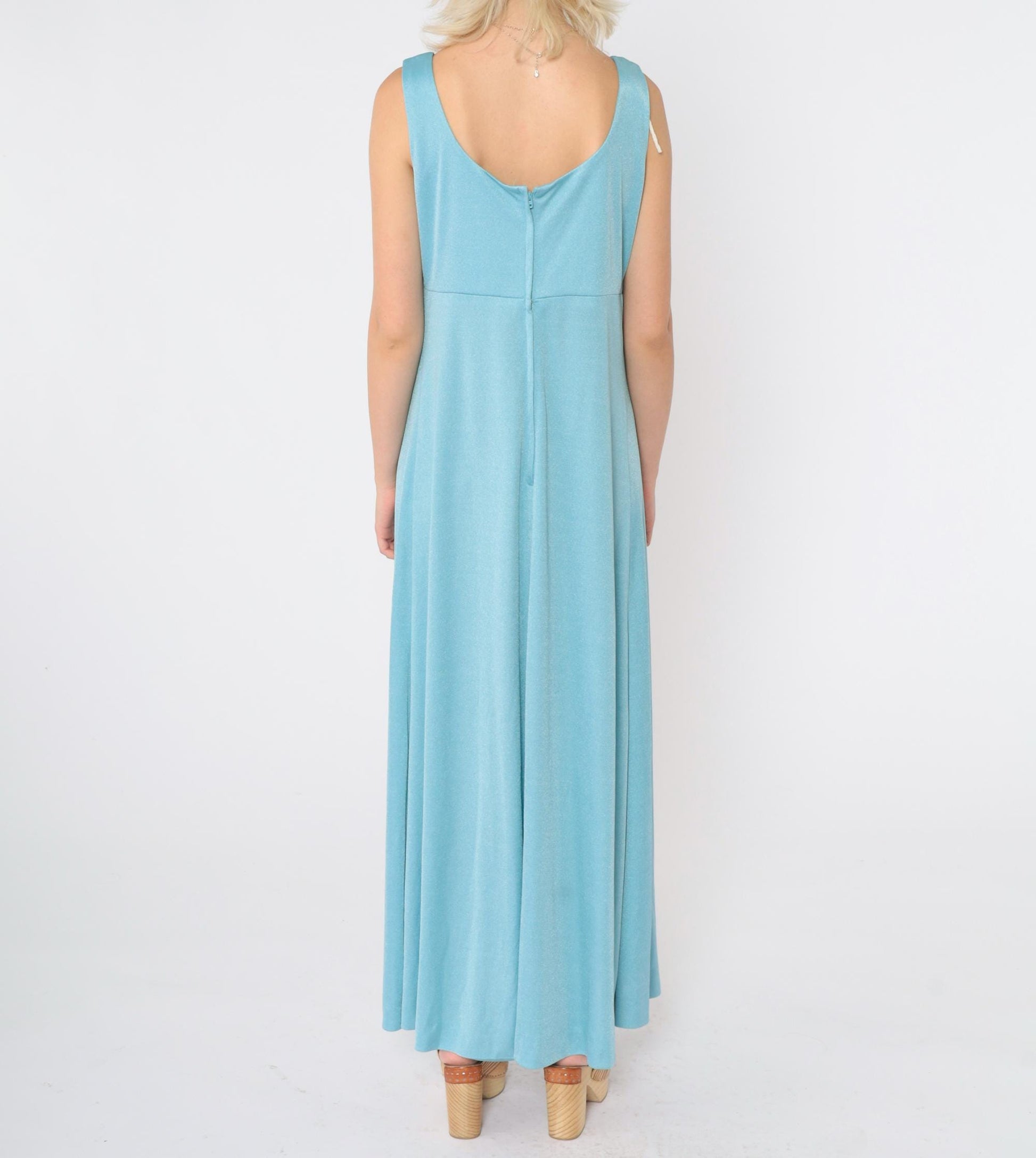 70s Blue Maxi Dress Empire Waist Scoop Neck Sleeveless Medium M