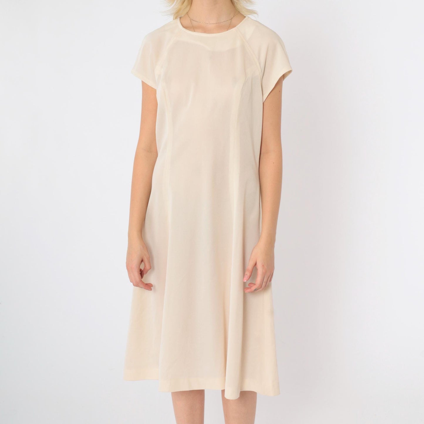 60s Mod Shift Dress Cream Semi-Sheer Raglan Midi Small Medium