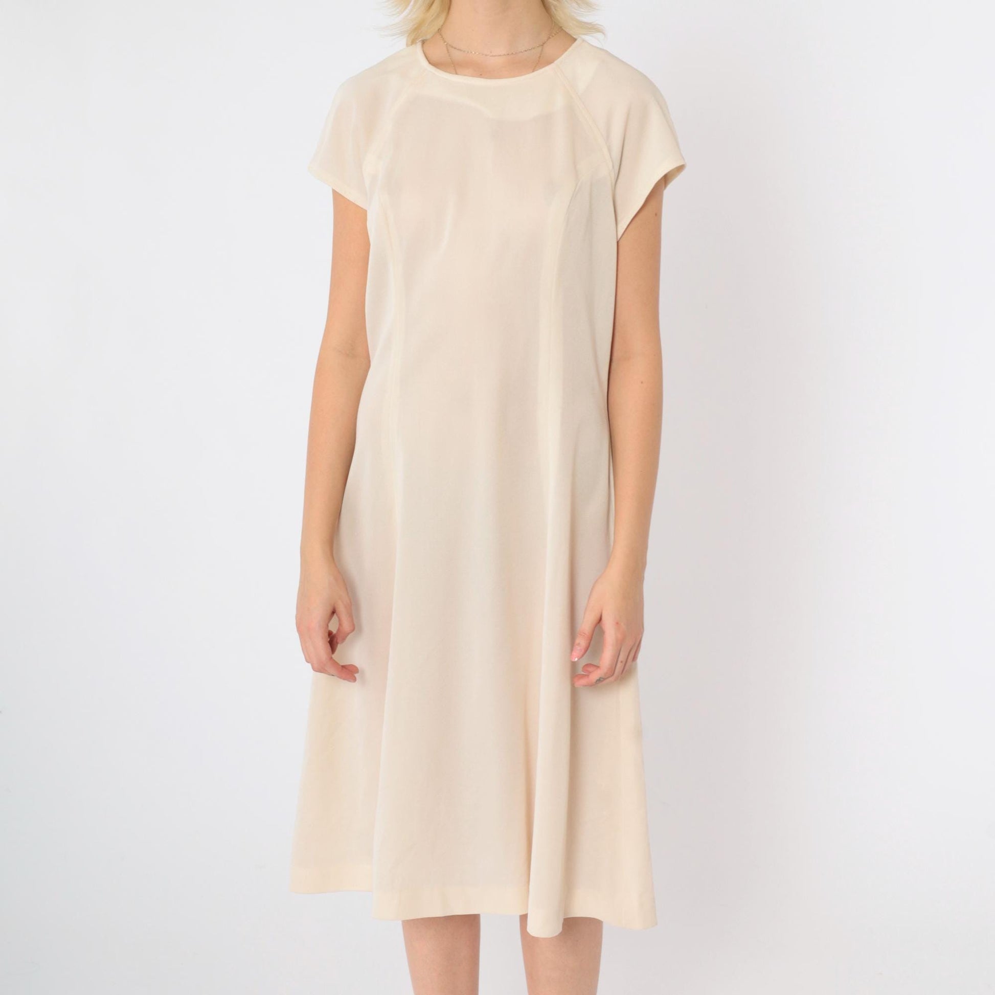 60s Mod Shift Dress Cream Semi-Sheer Raglan Midi Small Medium
