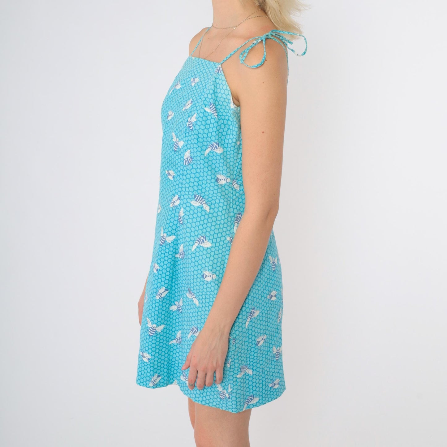 90s Lilly Pulitzer Blue Honeycomb Bee Print Mini Dress Tie Shoulder Small 8