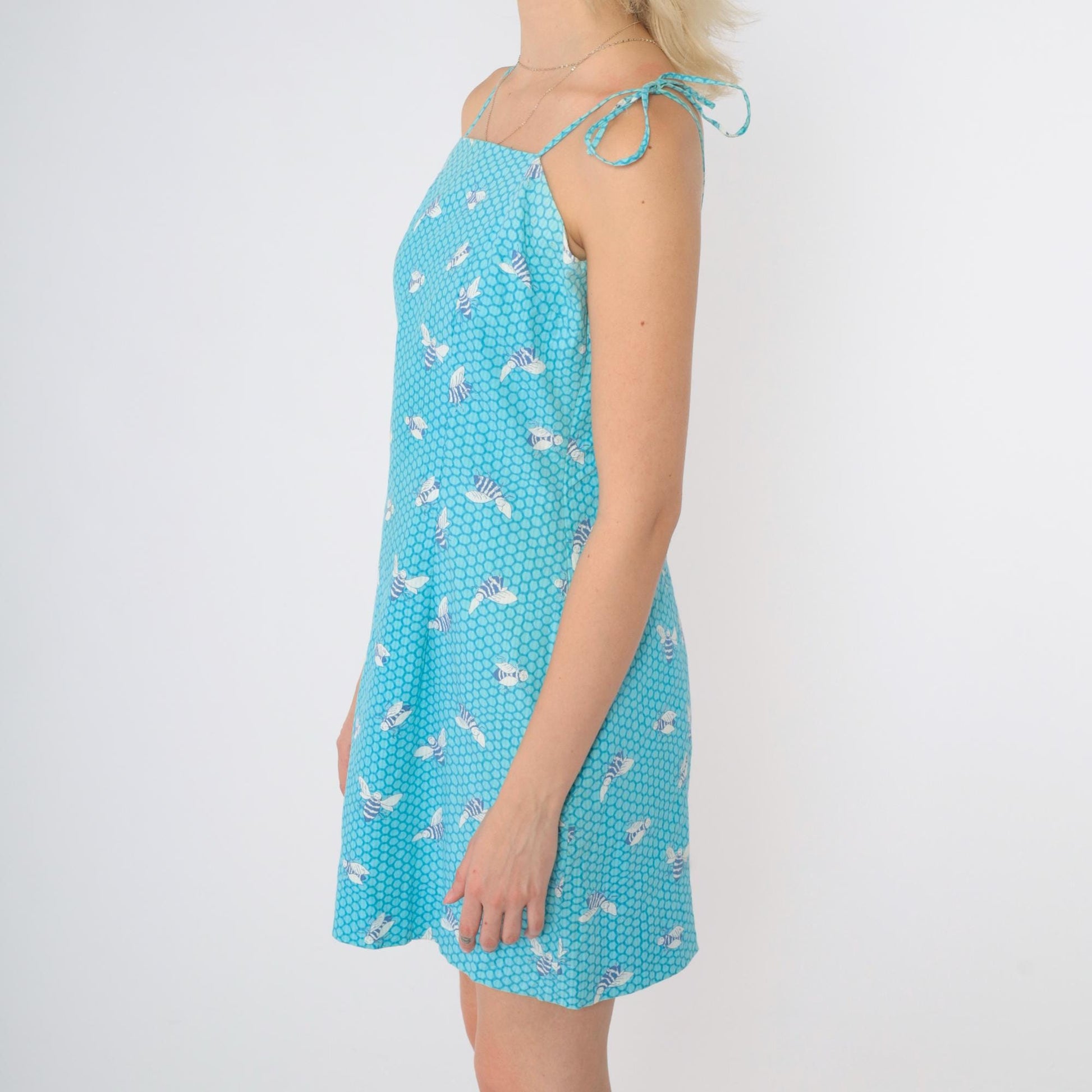 90s Lilly Pulitzer Blue Honeycomb Bee Print Mini Dress Tie Shoulder Small 8
