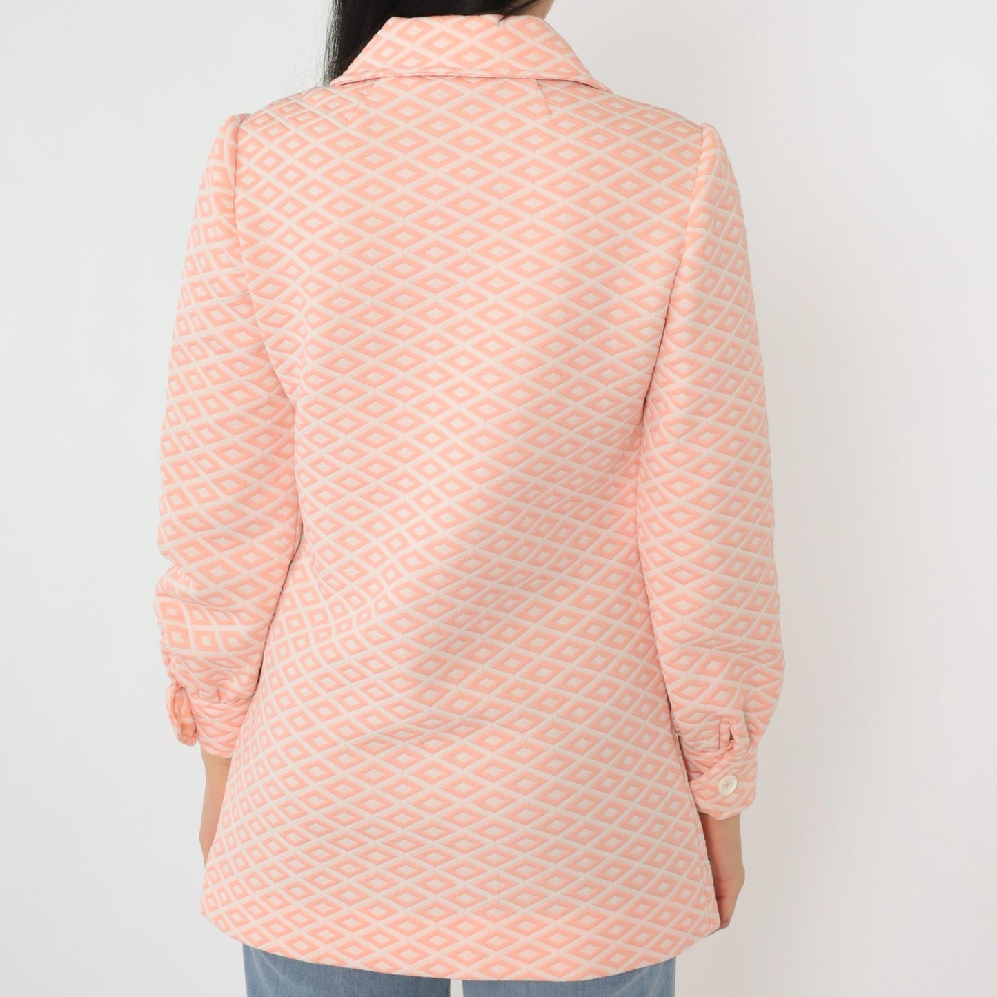 70s Saks Fifth Avenue Pink Geometric Diamond Print Dagger Collar Blouse Small