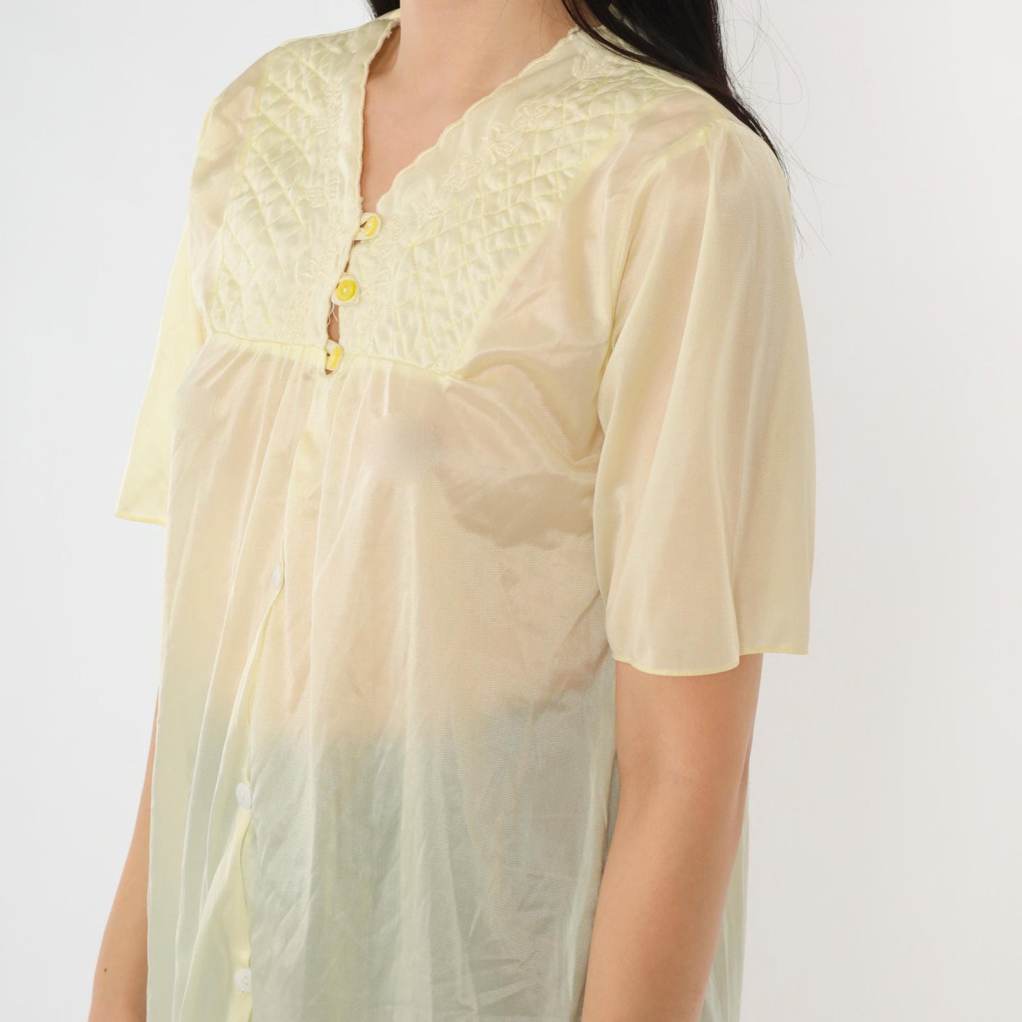 80s Yellow Sheer Nylon Pajama Top Floral Embroidered Quilted Yoke Button Up Small Medium